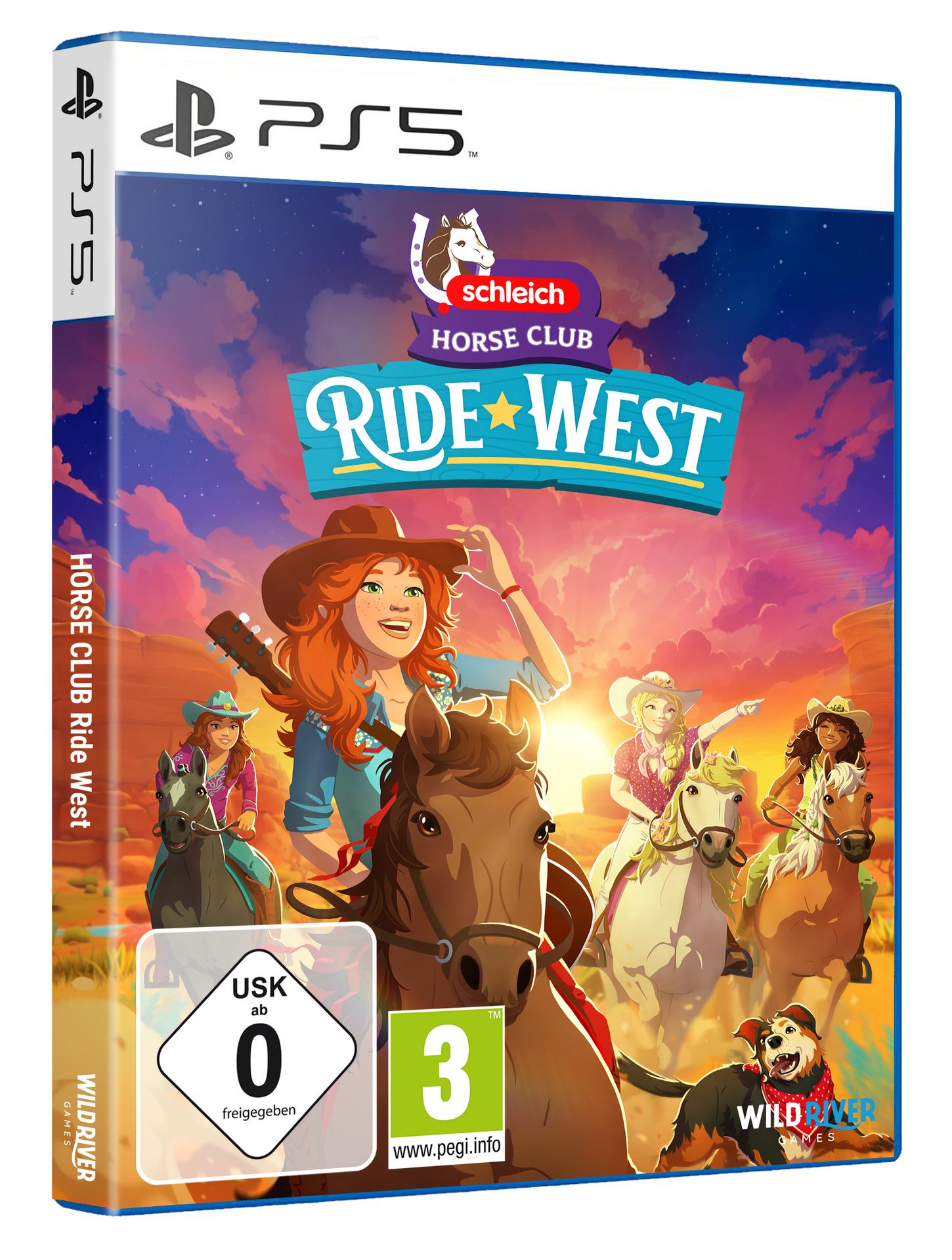 PS5 Spielcover: Mädchen reiten Pferde im Sonnenuntergang, mit Hund und Logo.
