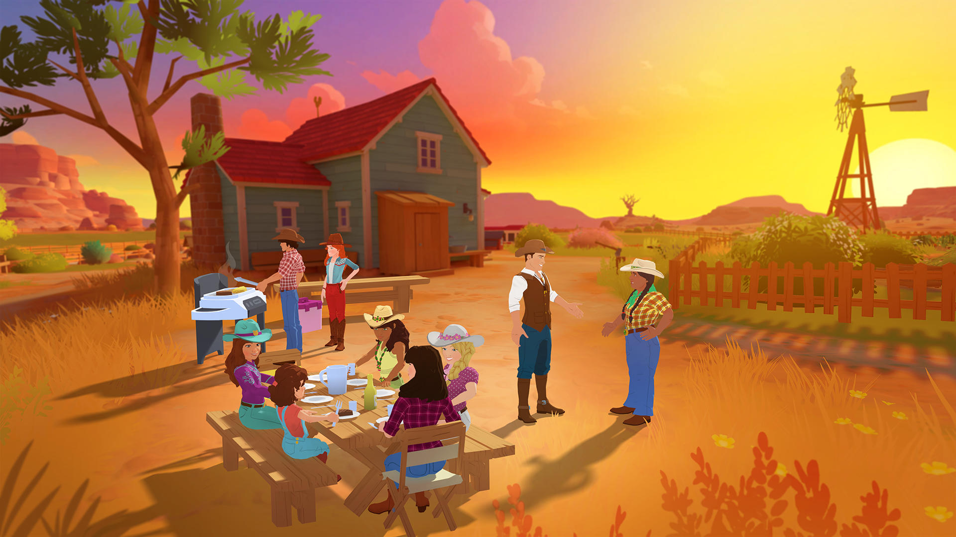 Cowboys und Cowgirls versammeln sich bei Sonnenuntergang zu einem Grillfest auf einer Ranch.