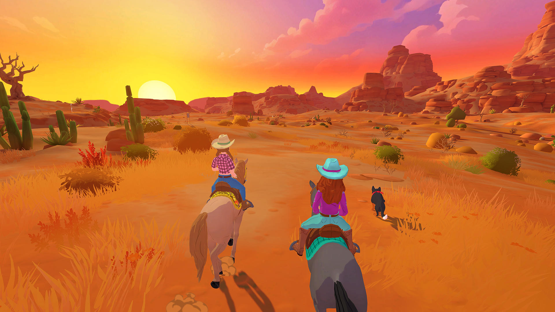 Zwei Reiter reiten auf Pferden durch eine Wüstenlandschaft bei Sonnenuntergang. Ein Hund läuft hinter ihnen.