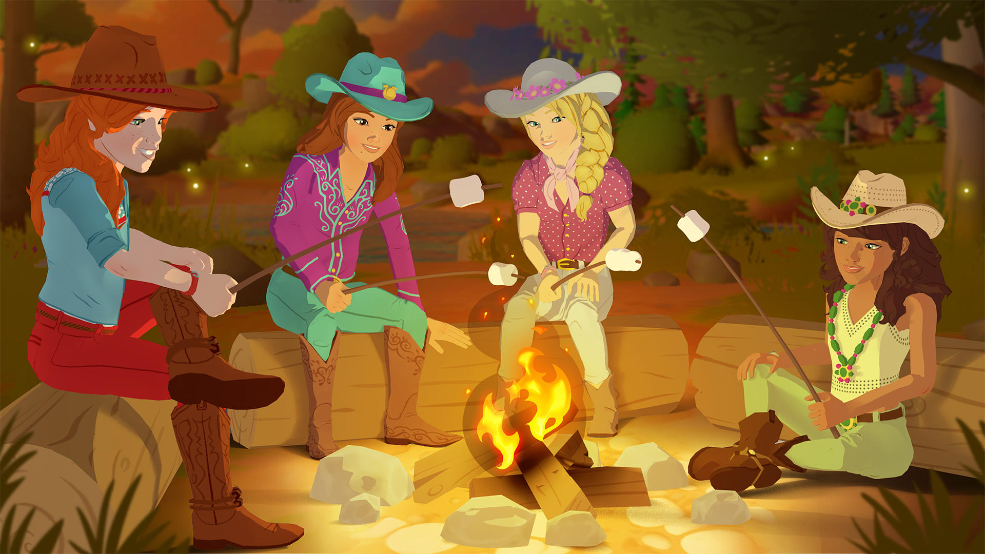 Vier Mädchen in Cowgirl-Kleidung rösten Marshmallows über einem Lagerfeuer im Freien.