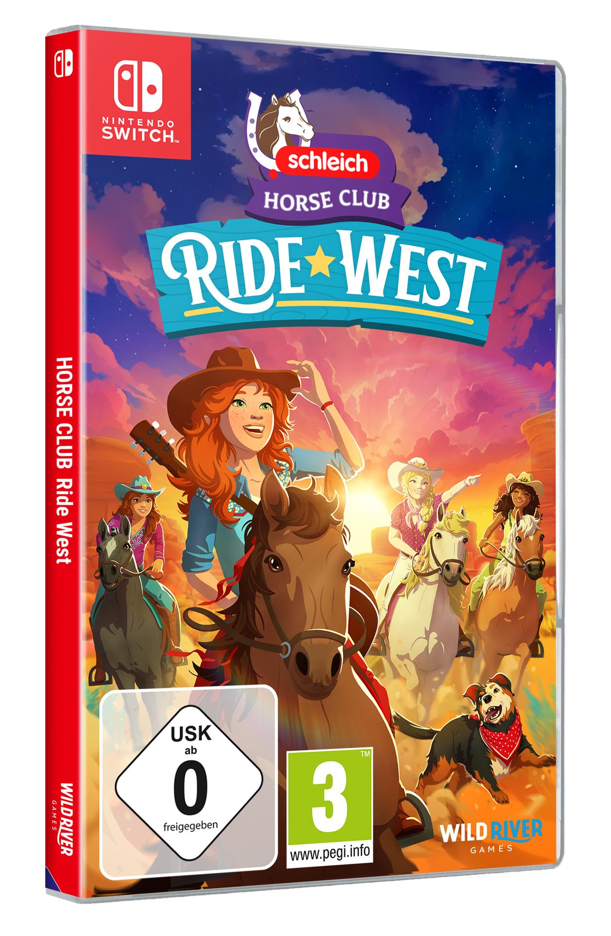 Nintendo Switch Spielcover. Mädchen reiten auf Pferden vor Sonnenuntergang, mit Hund.