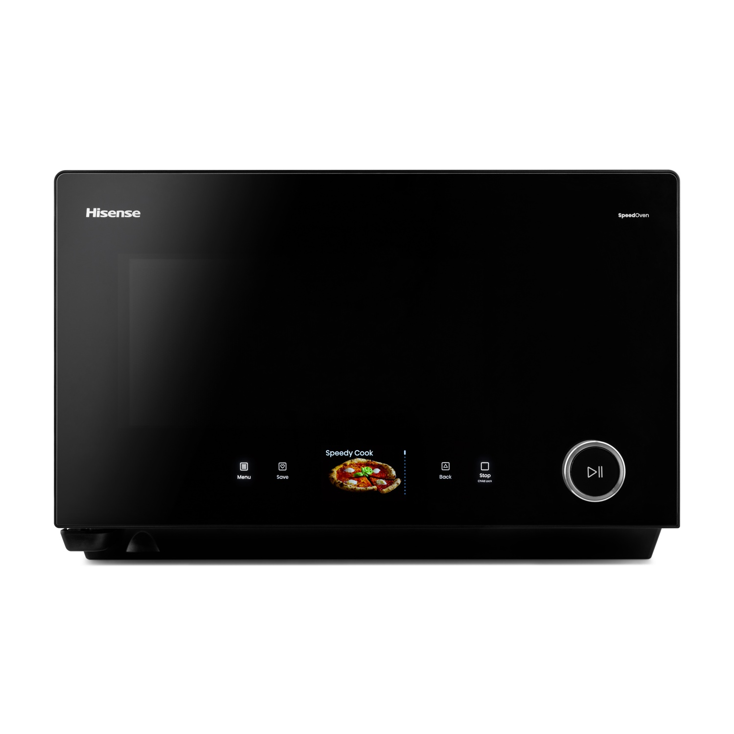 Forno a microonde Hisense nero con display touchscreen che mostra una pizza. Icone Menu, Salva, Indietro, Stop.