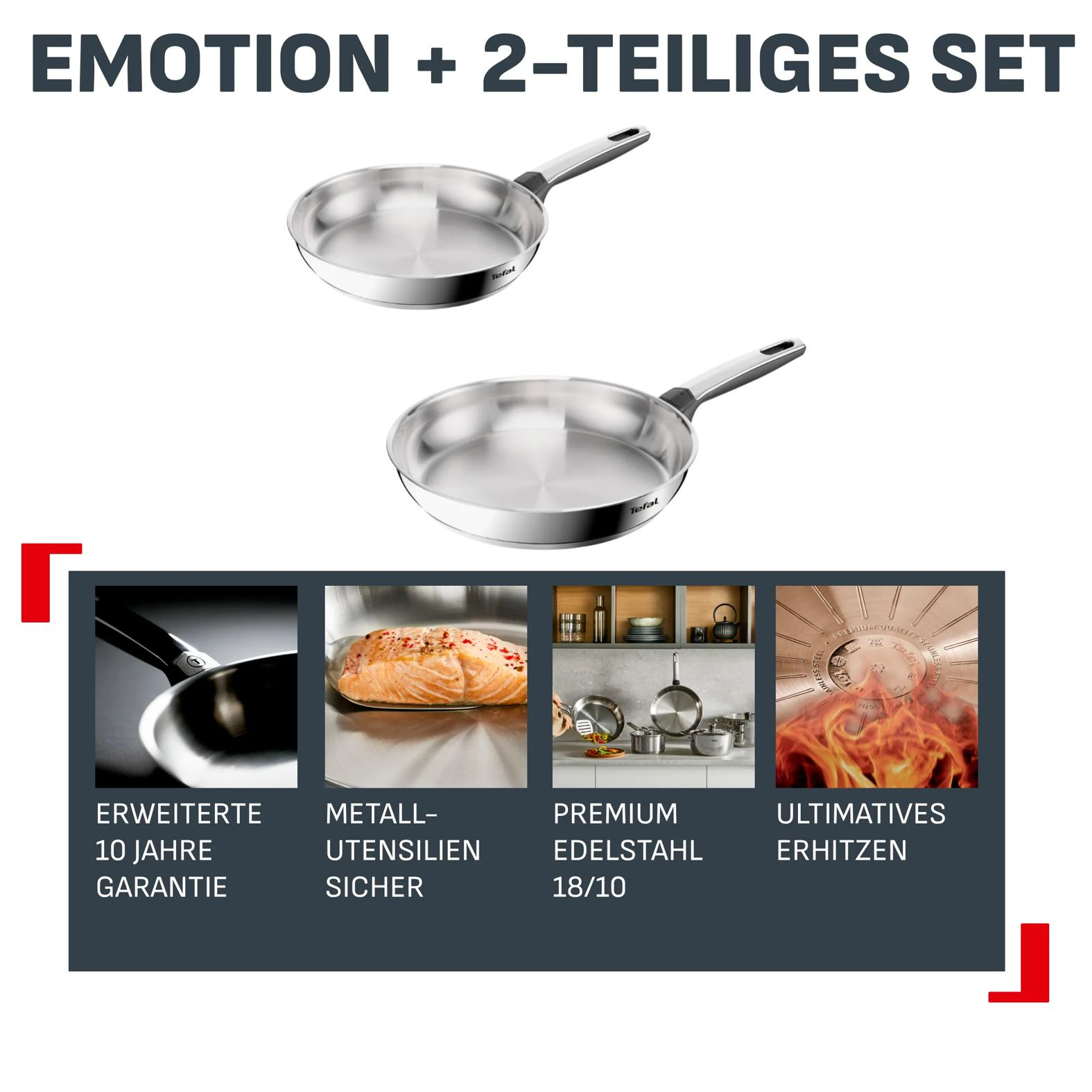 Zwei Edelstahlpfannen, eine mit Lachs, Küchenutensilien und Flammen.