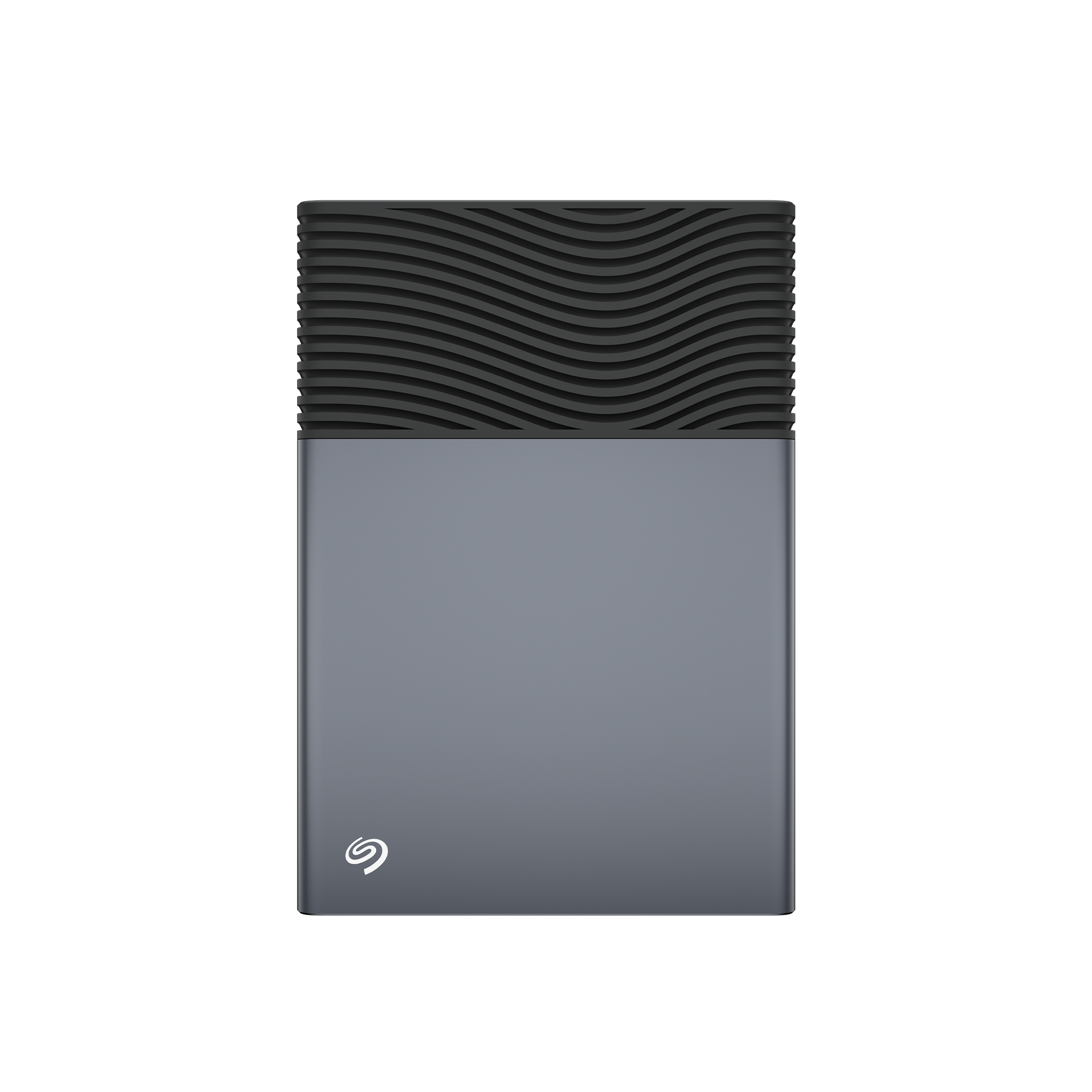Graues Festplattengehäuse mit schwarzer, wellenförmiger Oberseite und Seagate-Logo.