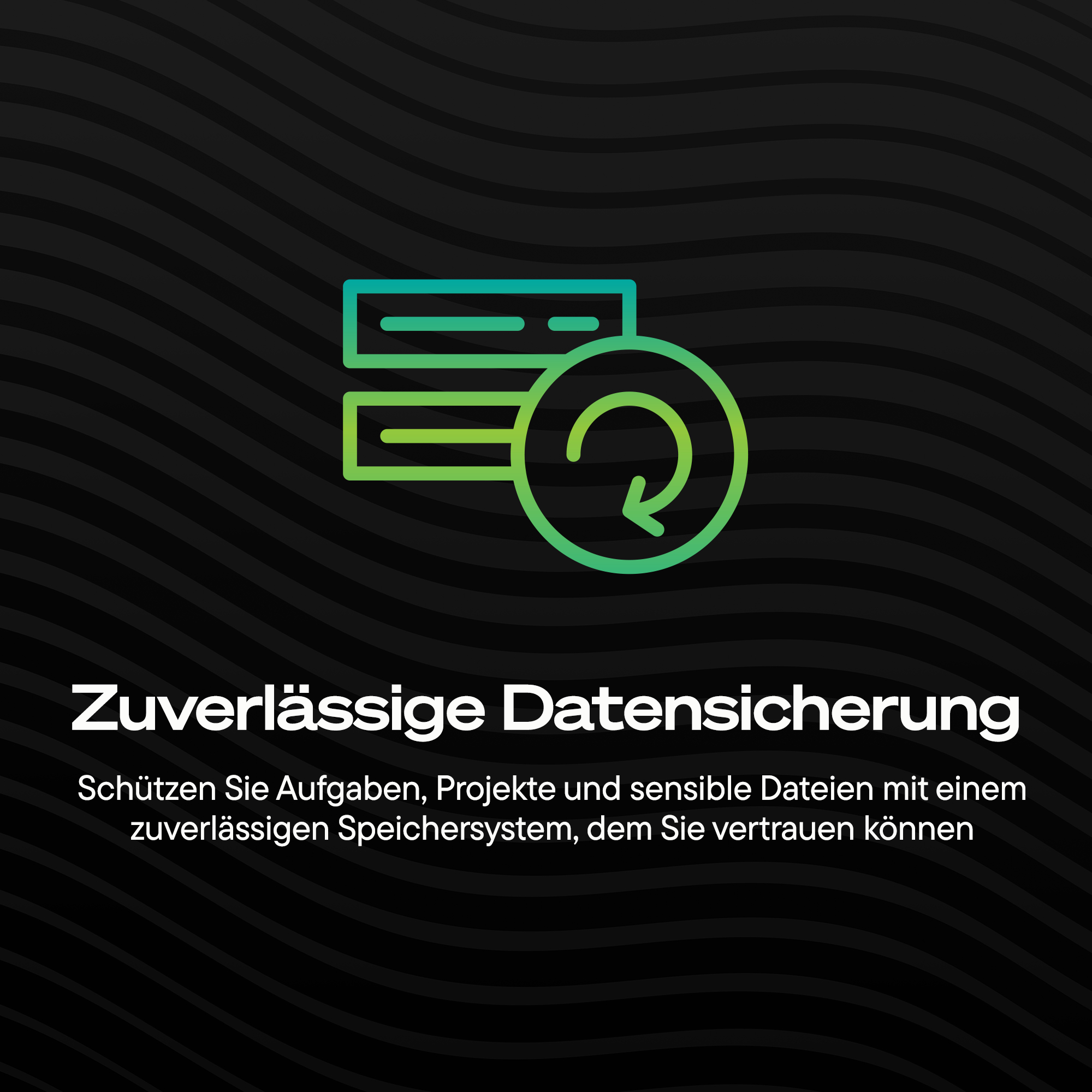 Grünes Icon für Datensicherung über schwarzem Hintergrund mit Wellen.