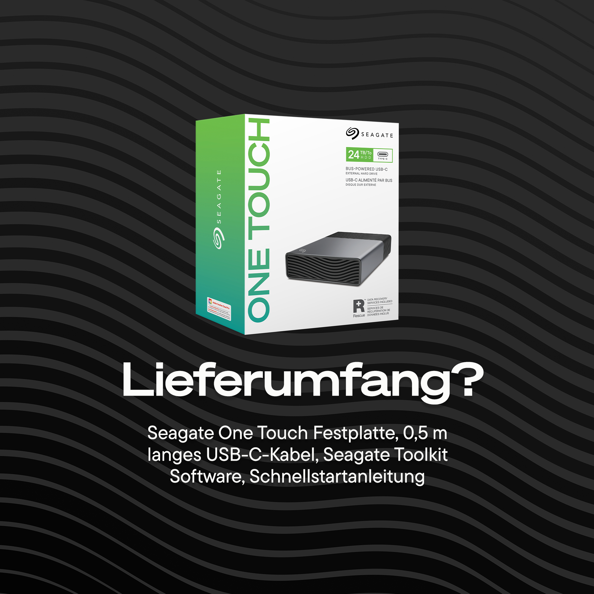 Seagate One Touch Festplatte, USB-C-Kabel, Software und Anleitung.