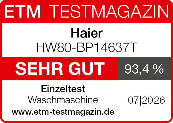 ETM Testmagazin: Haier Waschmaschine HW80-BP14637T, SEHR GUT, 93,4%