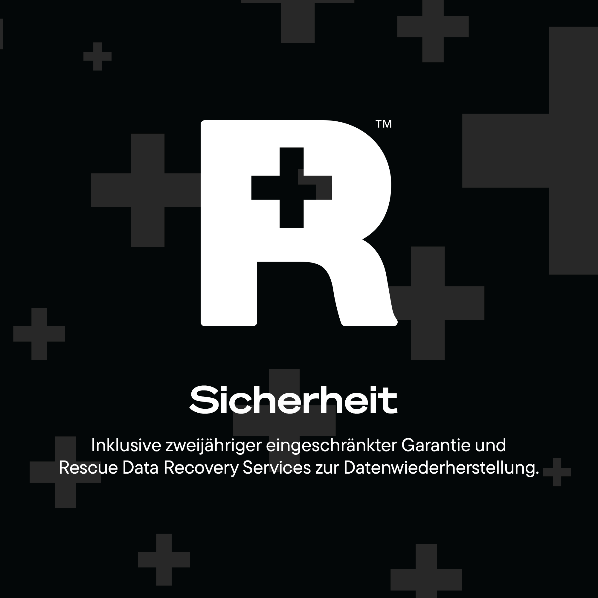 Großes weißes R-Logo mit Plus-Symbolen und Text 'Sicherheit'.