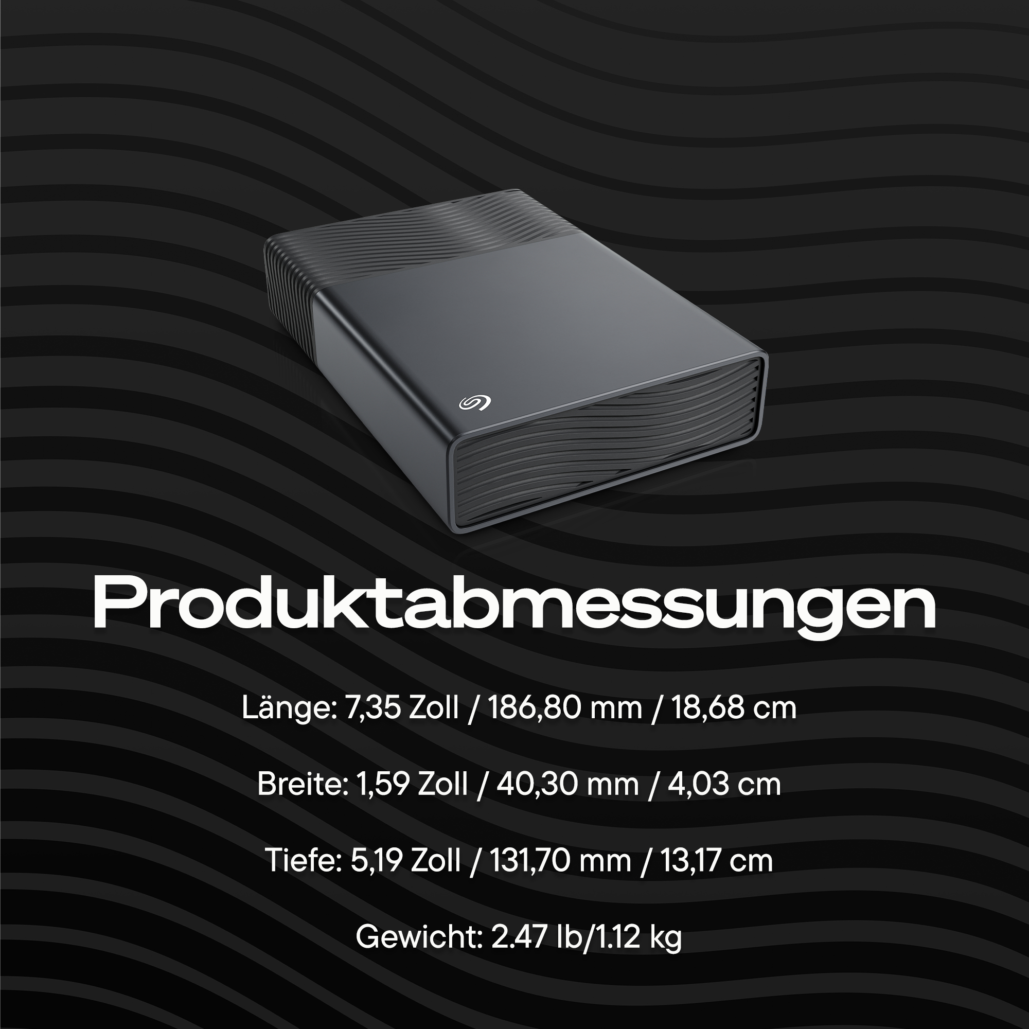 Schwarze Festplatte mit Wellenmuster-Hintergrund und Produktmaßen.