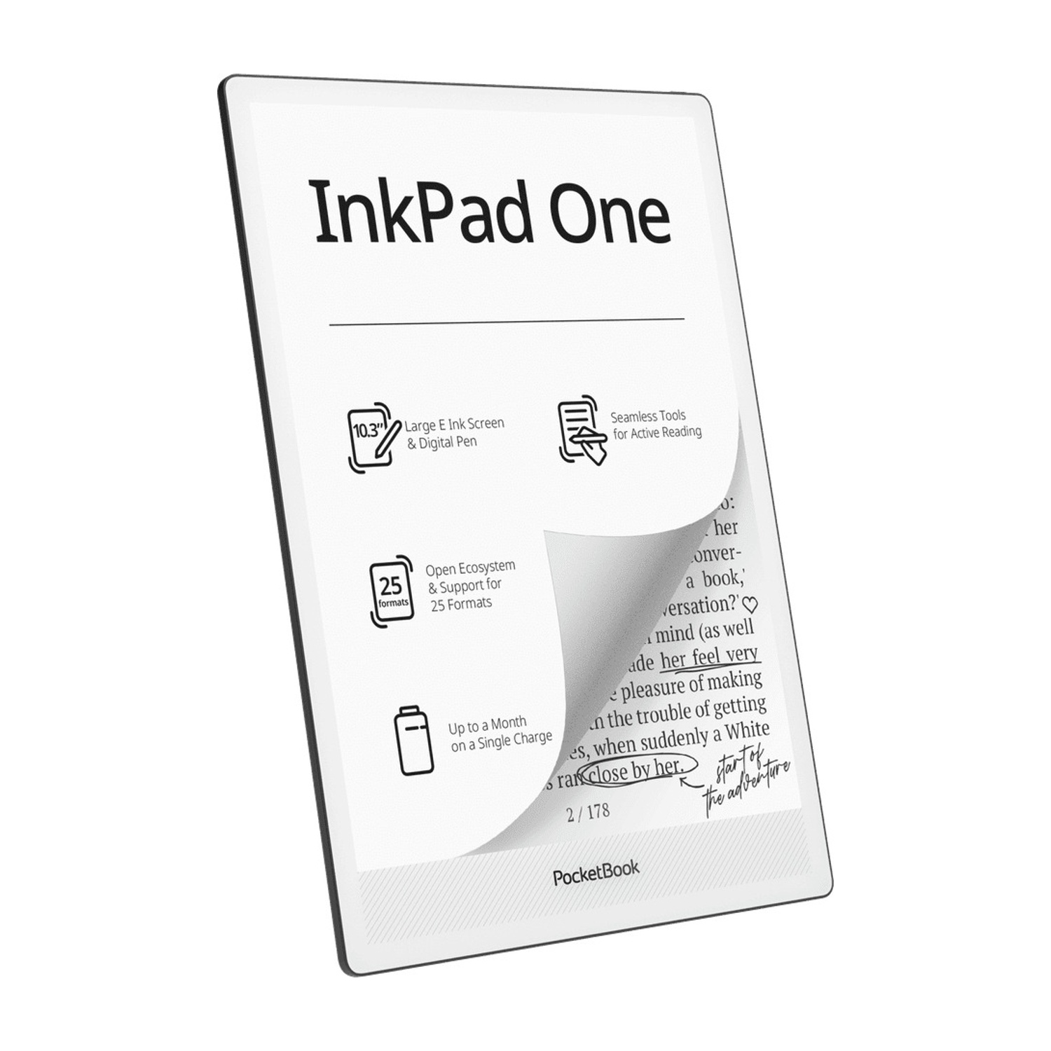 E-reader PocketBook InkPad One con schermo da 10,3", penna e funzioni di lettura.