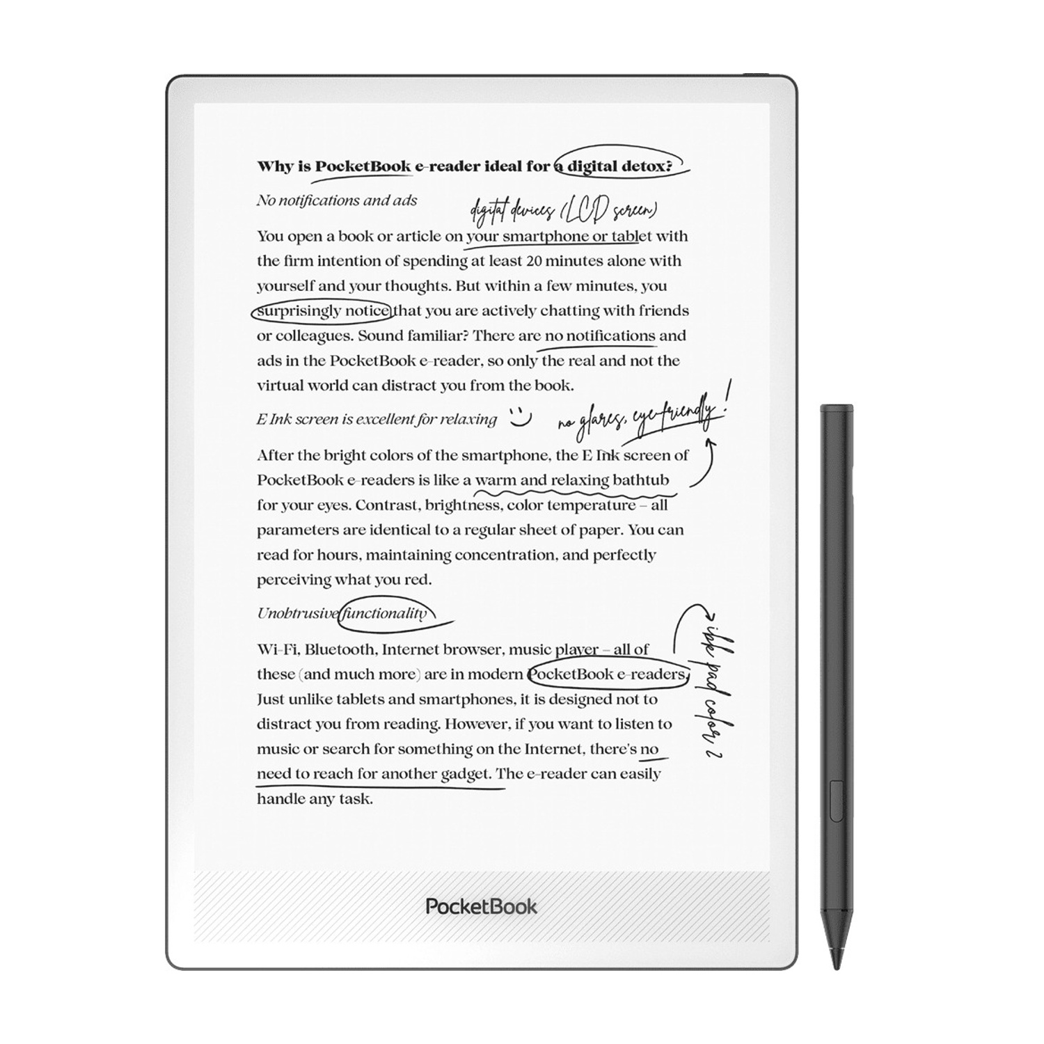 Un e-reader con uno stilo, che promuove un detox digitale.