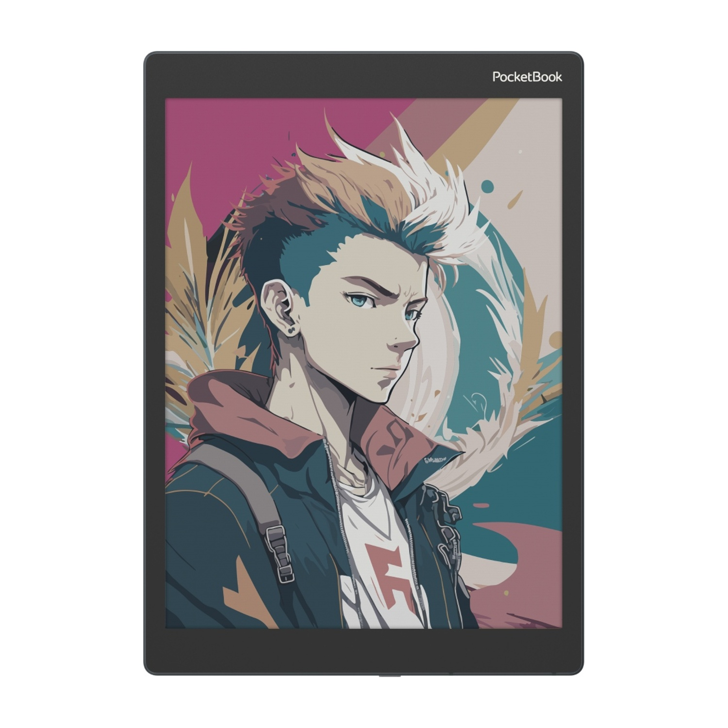 E-reader con arte anime di un giovane con capelli biondo-bianco e occhi blu.