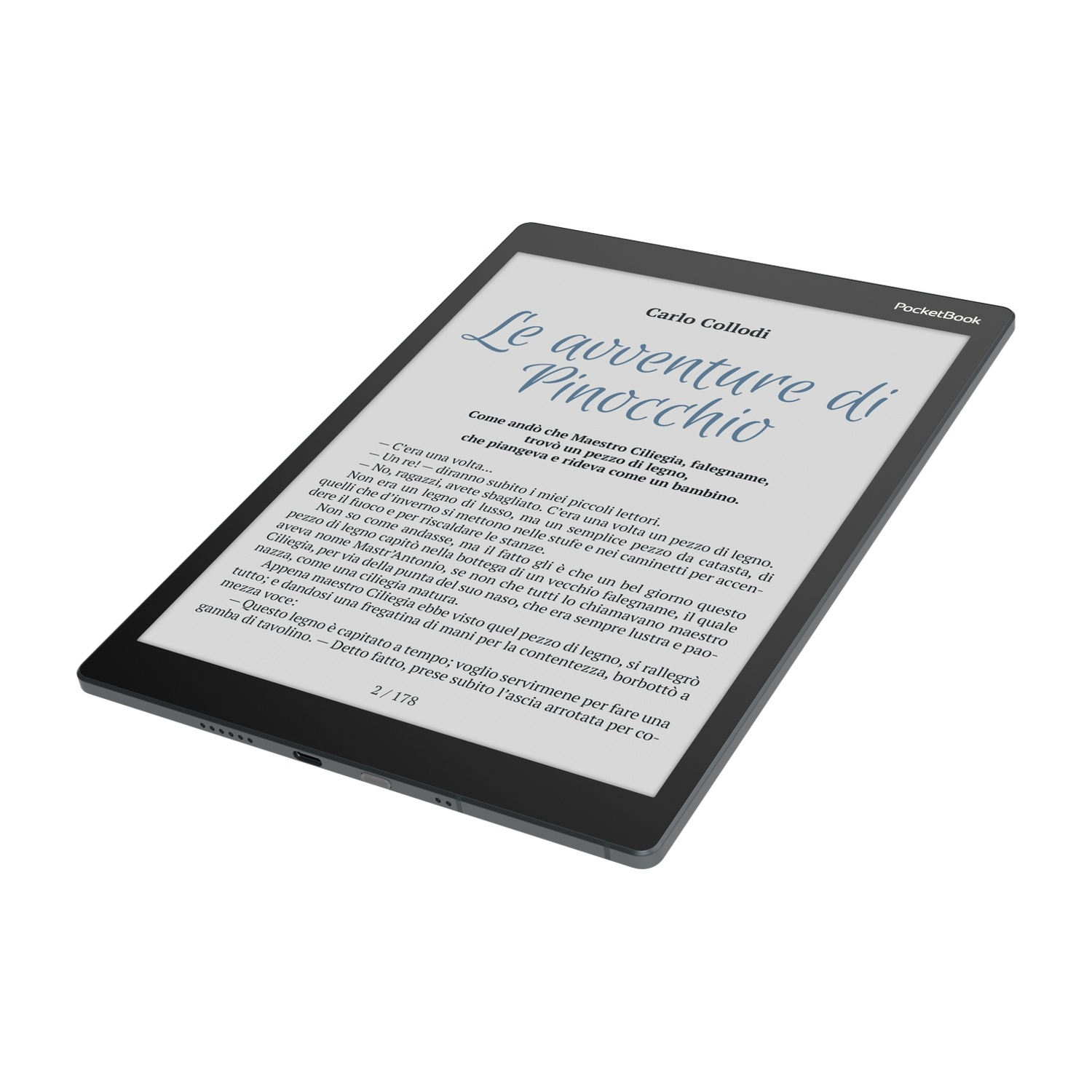 Un e-reader mostra la prima pagina de "Le avventure di Pinocchio" di Carlo Collodi.