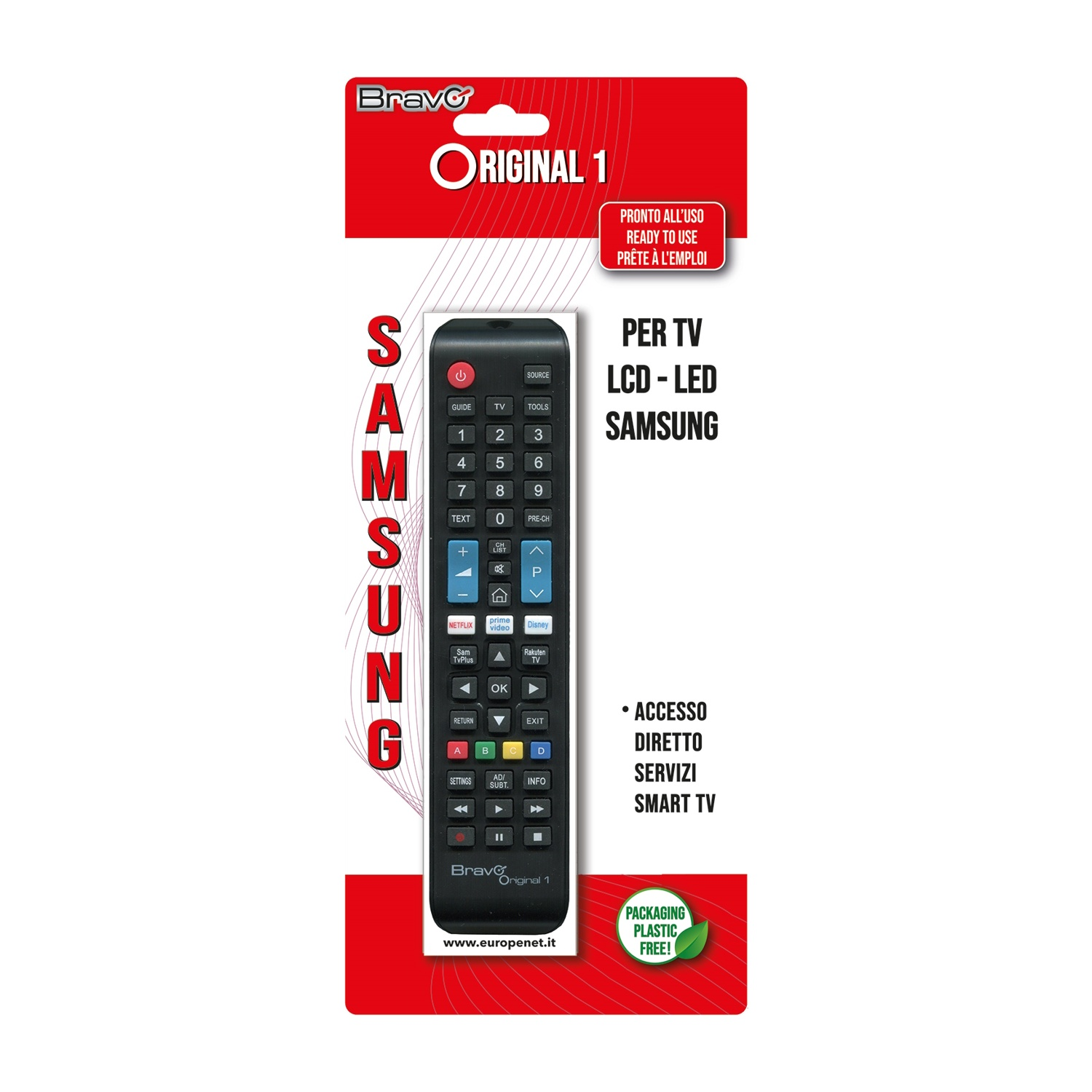 Confezione con telecomando Samsung per TV LCD/LED. Etichetta: Bravo Original 1.