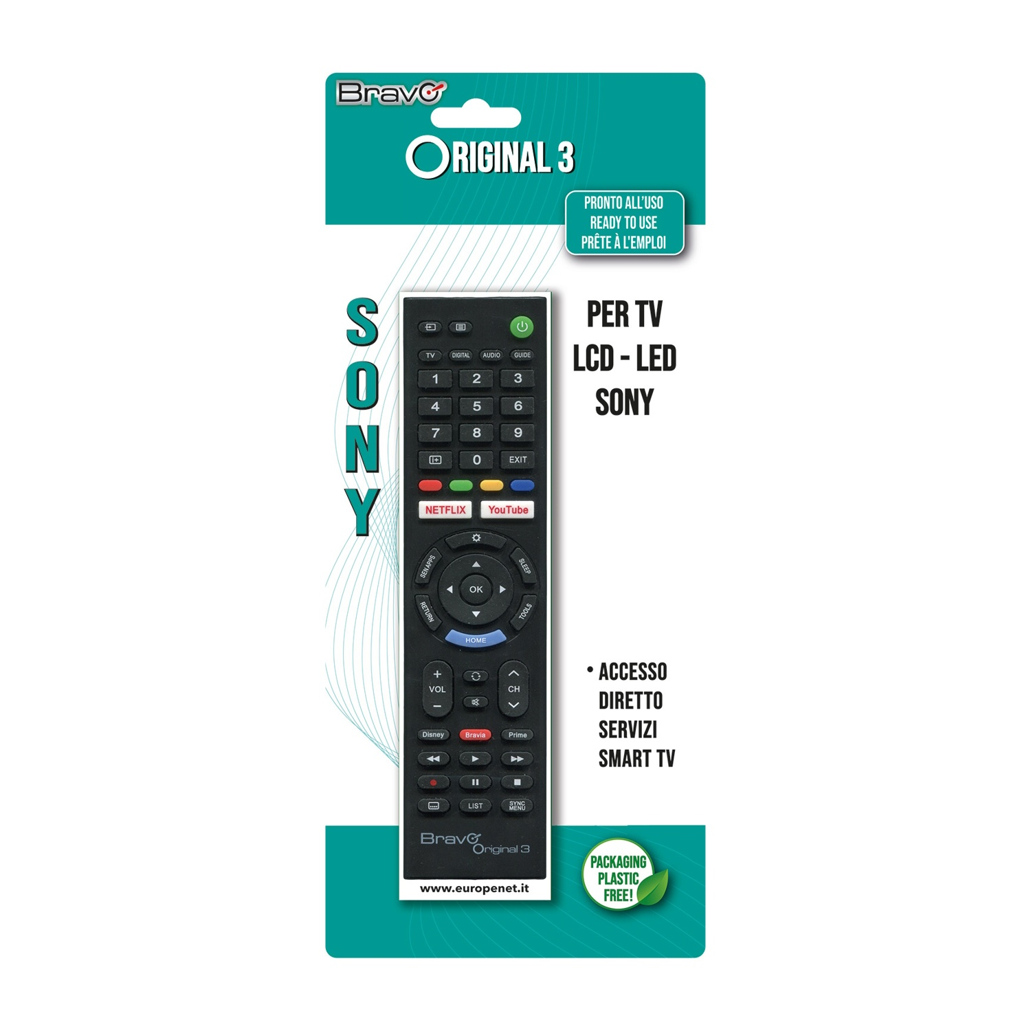 Telecomando TV Sony in confezione Bravo Original 3 con tasti Netflix e YouTube.