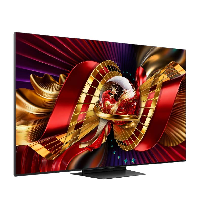 Bir TV ekranı, ortasında cam küre ve kırmızı-altın renkli soyut bir grafik gösteriyor.