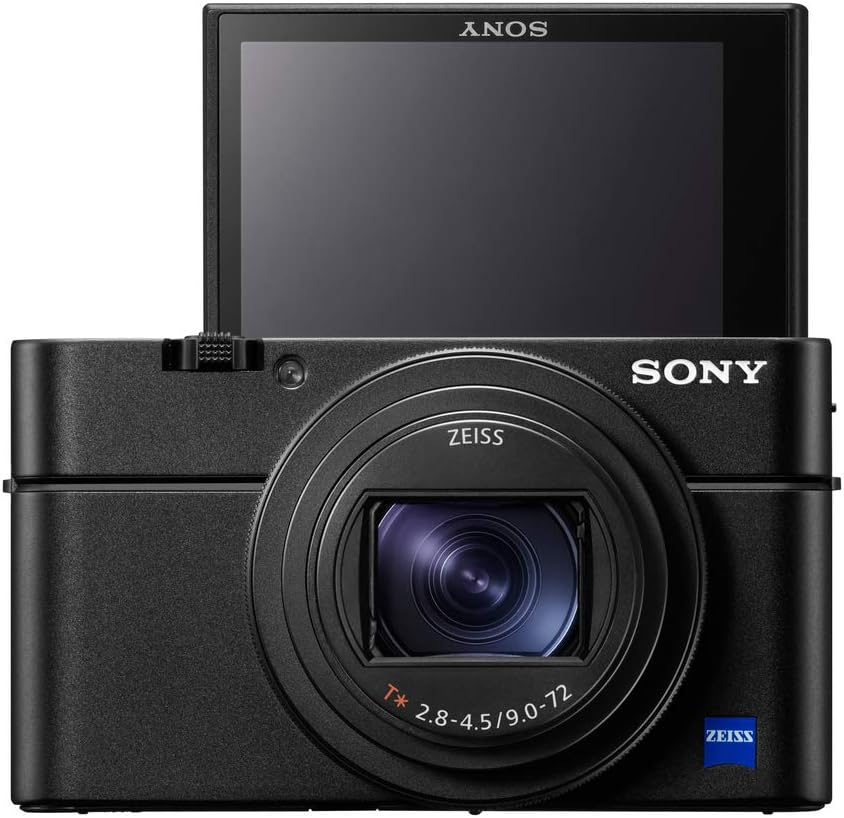 Katlanabilir ekranlı ve Zeiss lensli siyah Sony kamera.