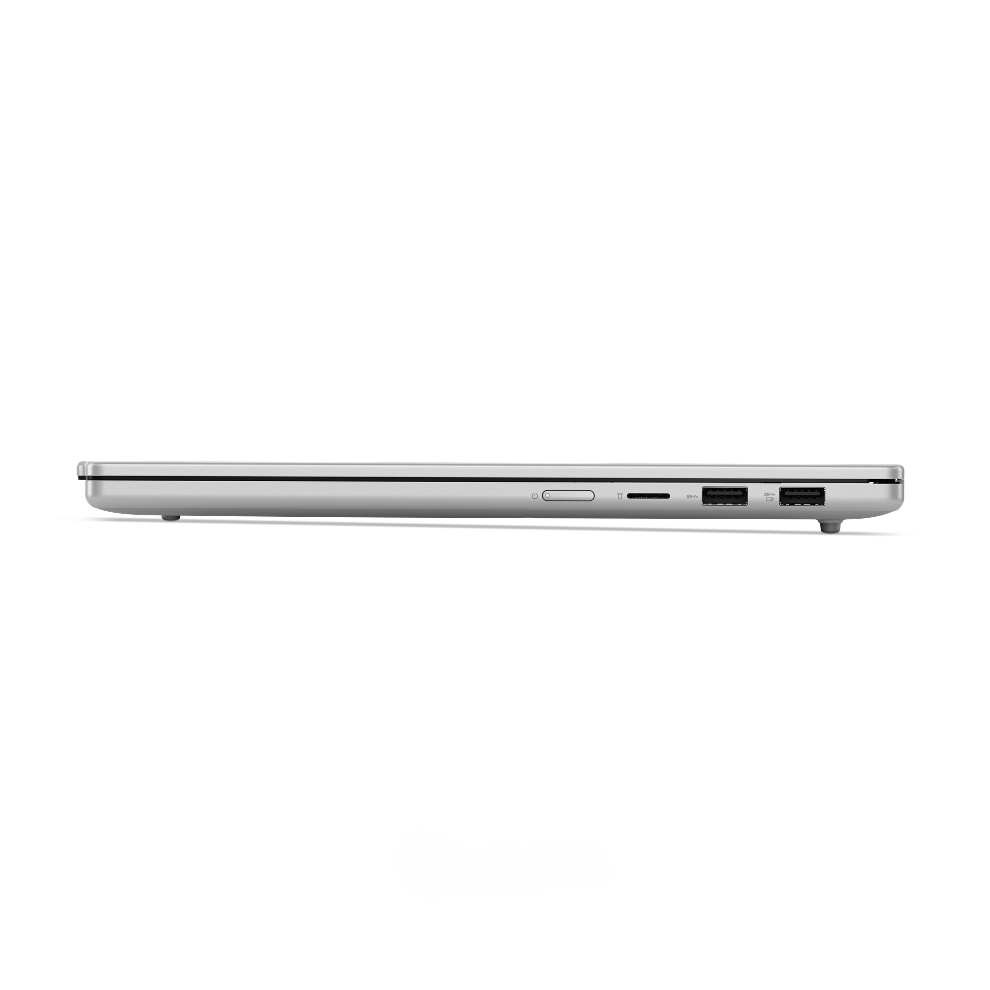 Profilo laptop argento con porte: USB-C, scheda SD, 2x USB-A.