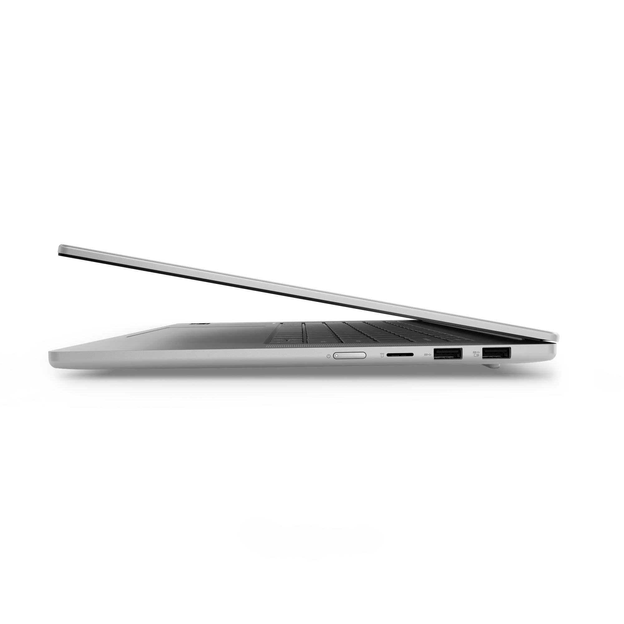 Un laptop argentato, visto di lato con il coperchio aperto e le porte visibili.