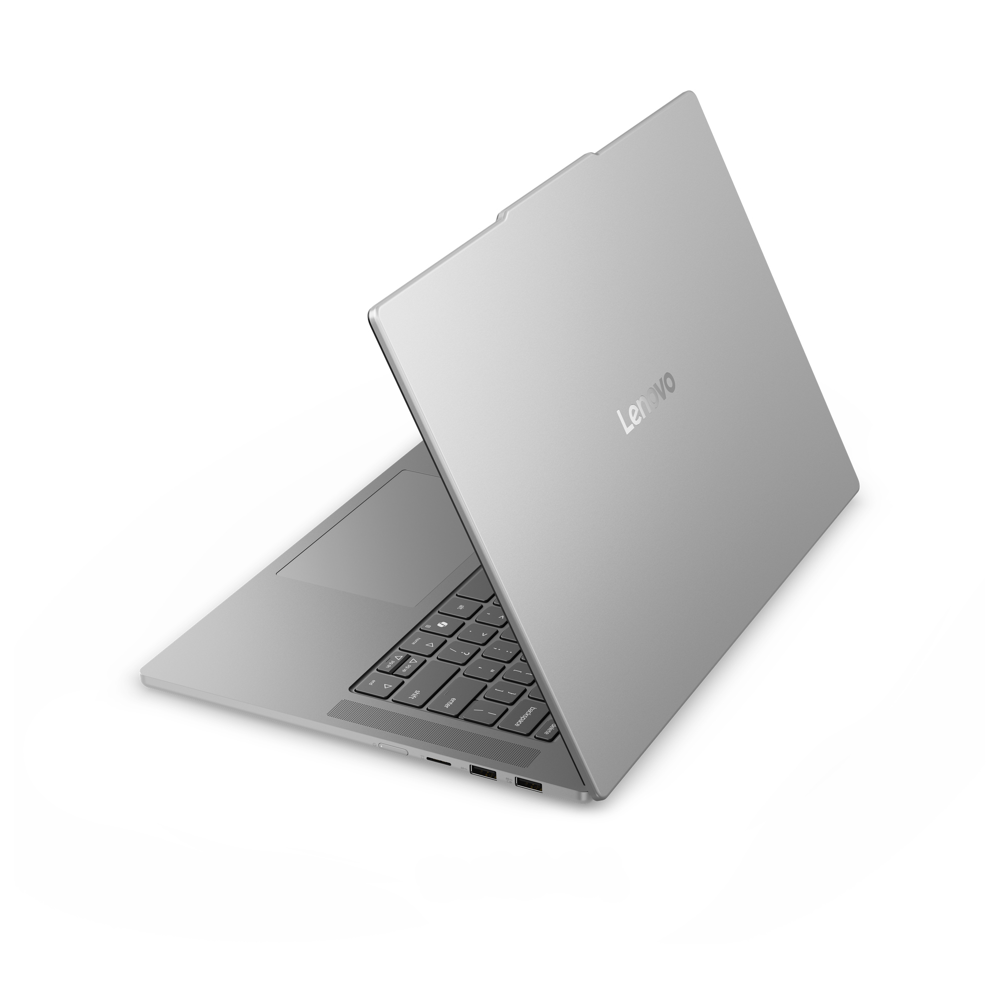 Un laptop Lenovo argentato è mostrato su uno sfondo bianco.