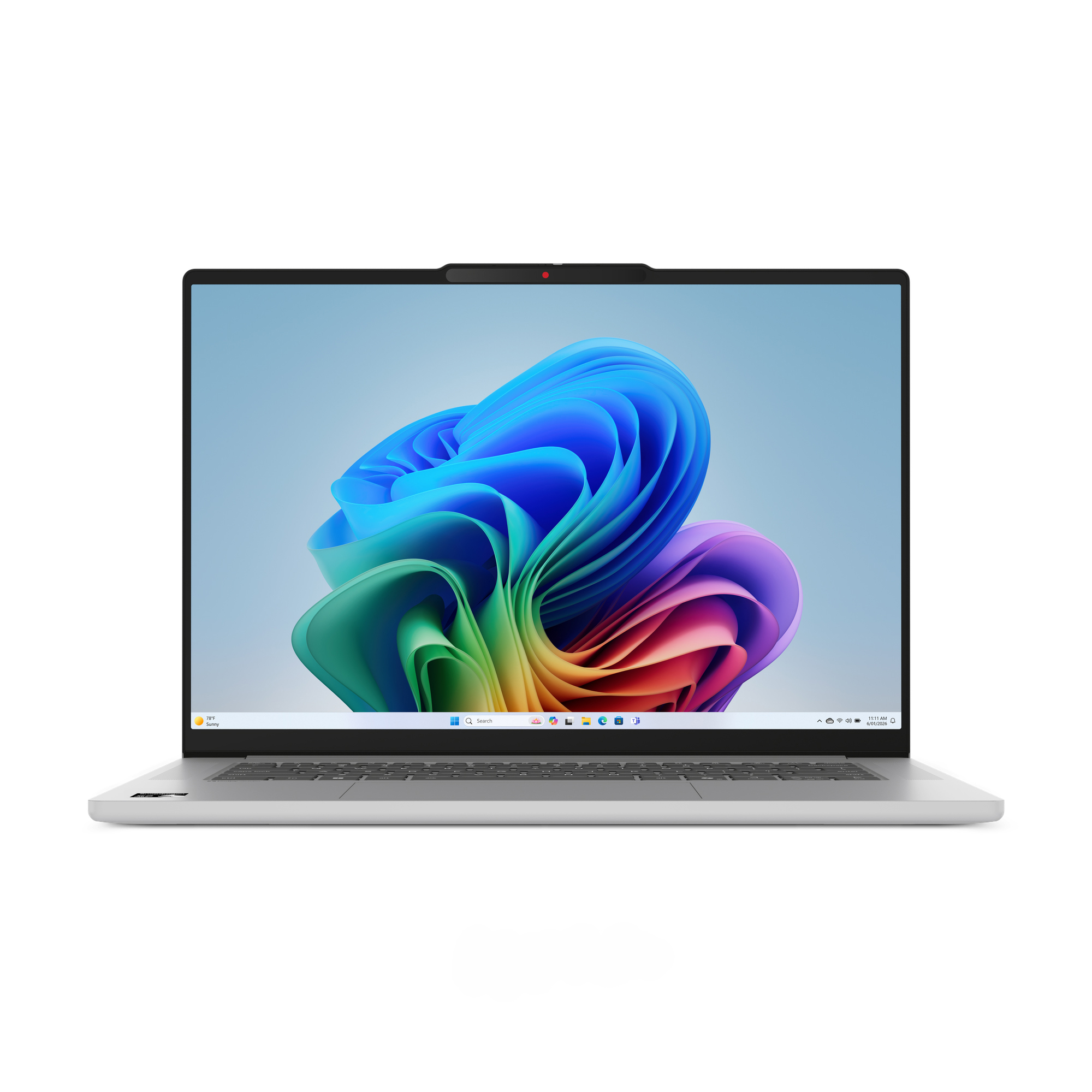 Un laptop argentato che visualizza uno sfondo colorato e una barra delle applicazioni.