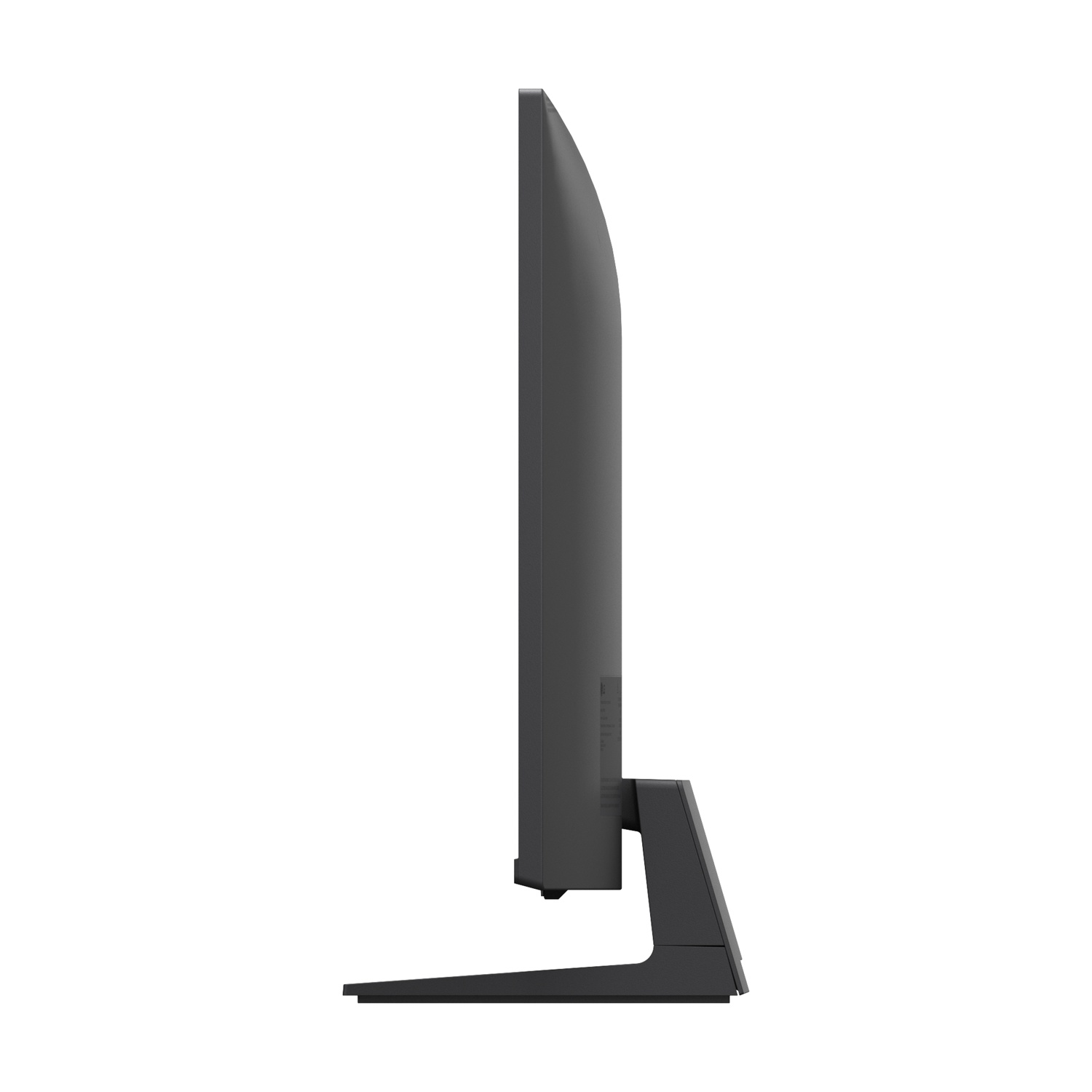 Un monitor di computer grigio visto di profilo su sfondo bianco.