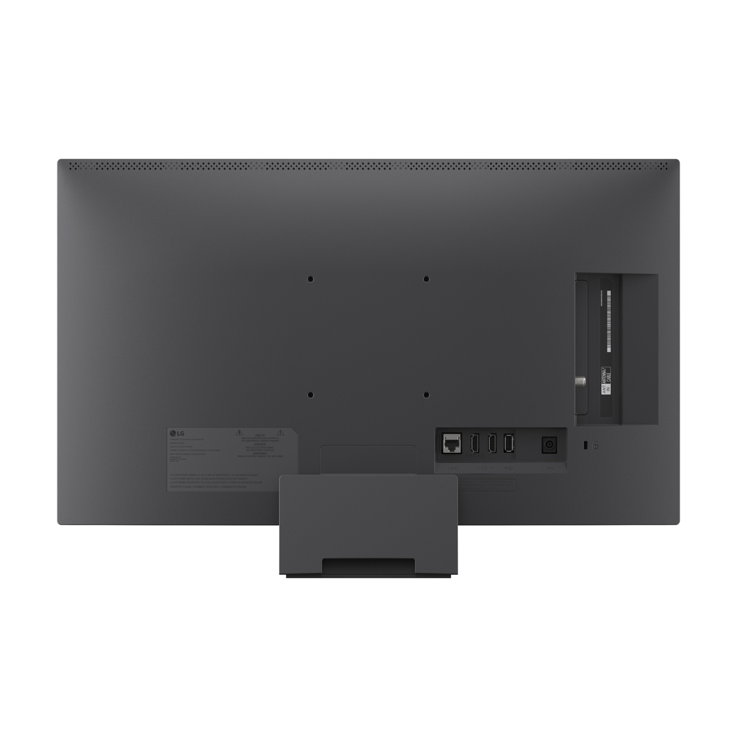 Vista posteriore di una TV LG grigia con porte: LAN, HDMI, USB e ingresso antenna.