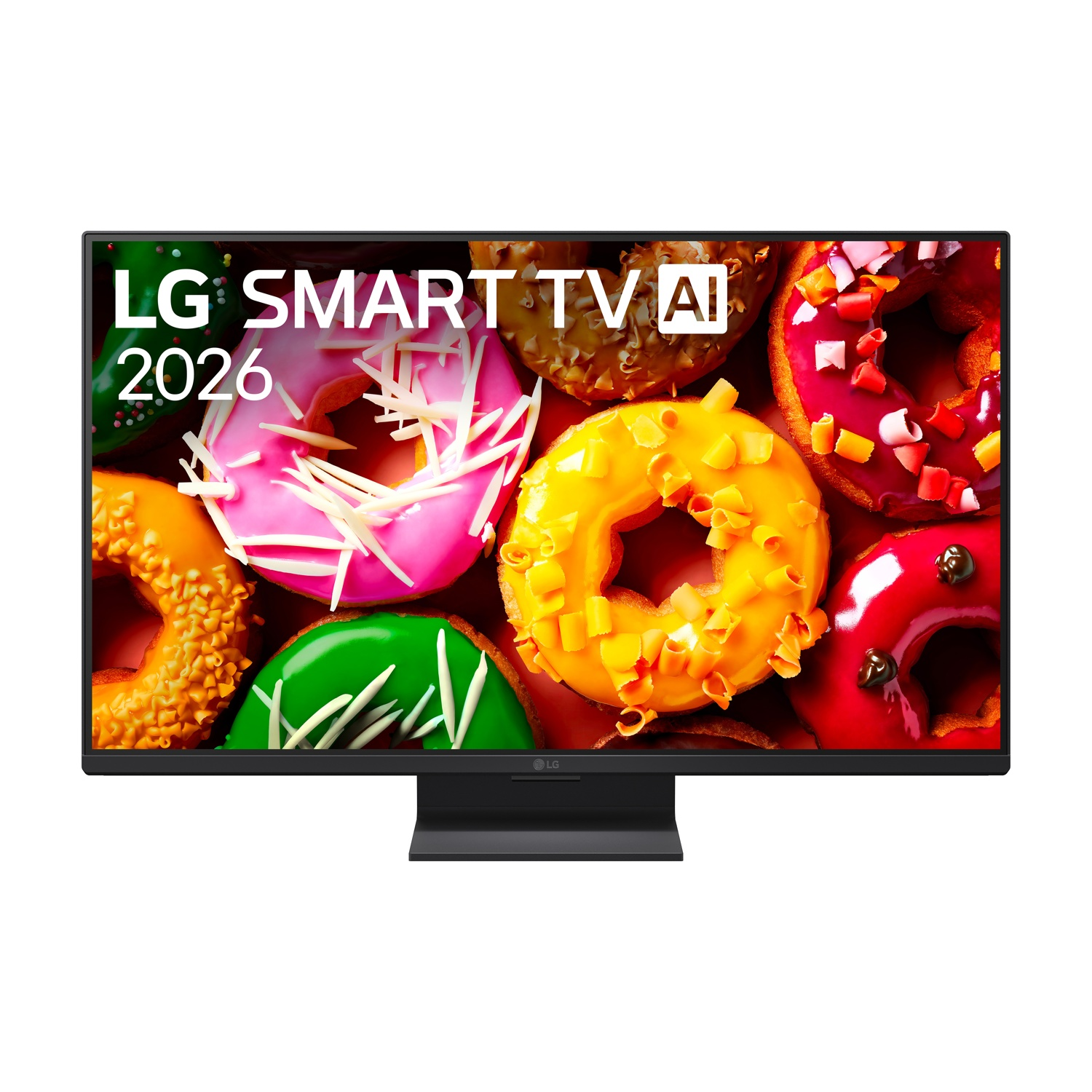 Una LG Smart TV 2026 mostra un'immagine vibrante di ciambelle colorate glassate.