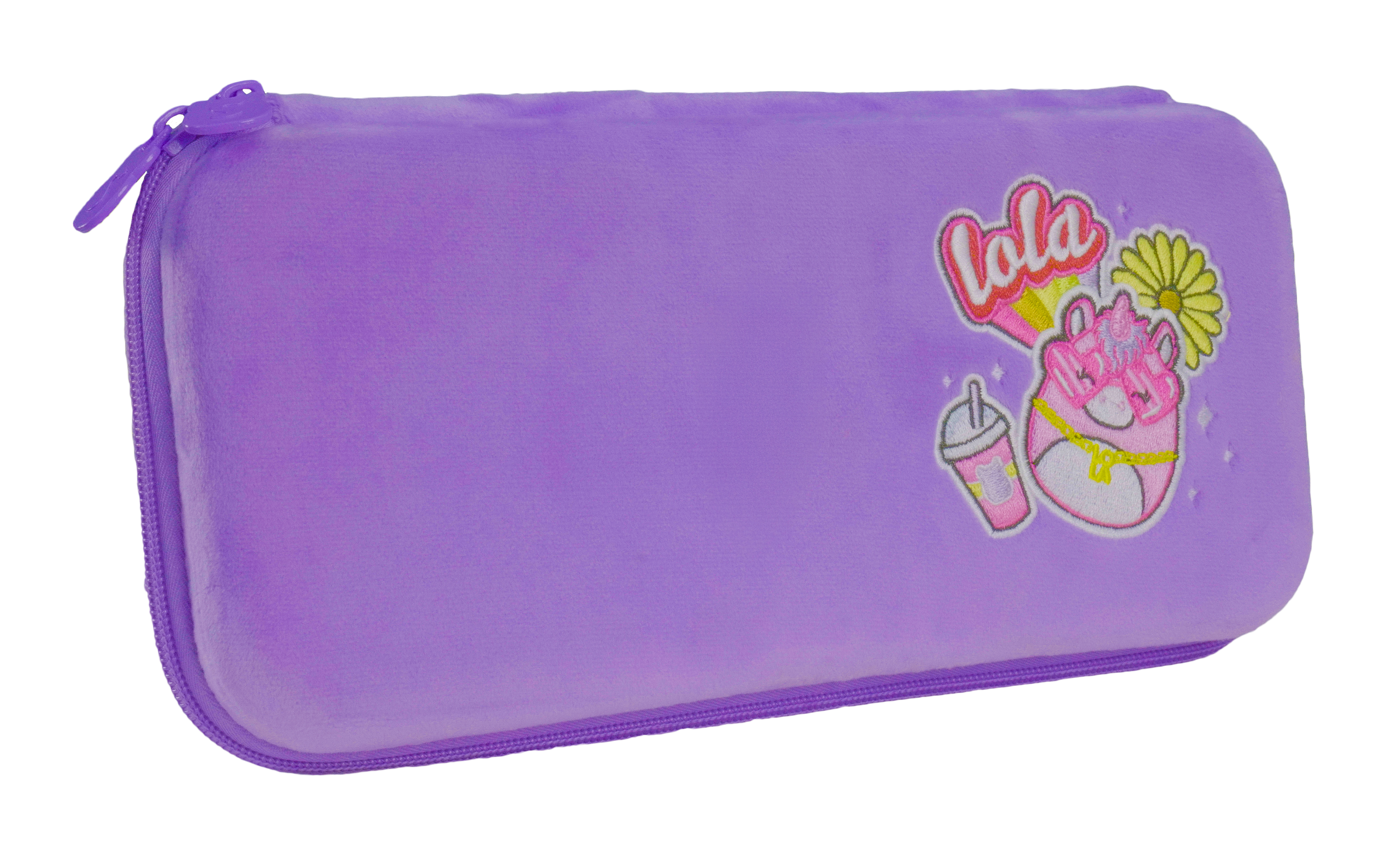 Lila Federtasche mit Einhorn-Aufnähern und Getränken.