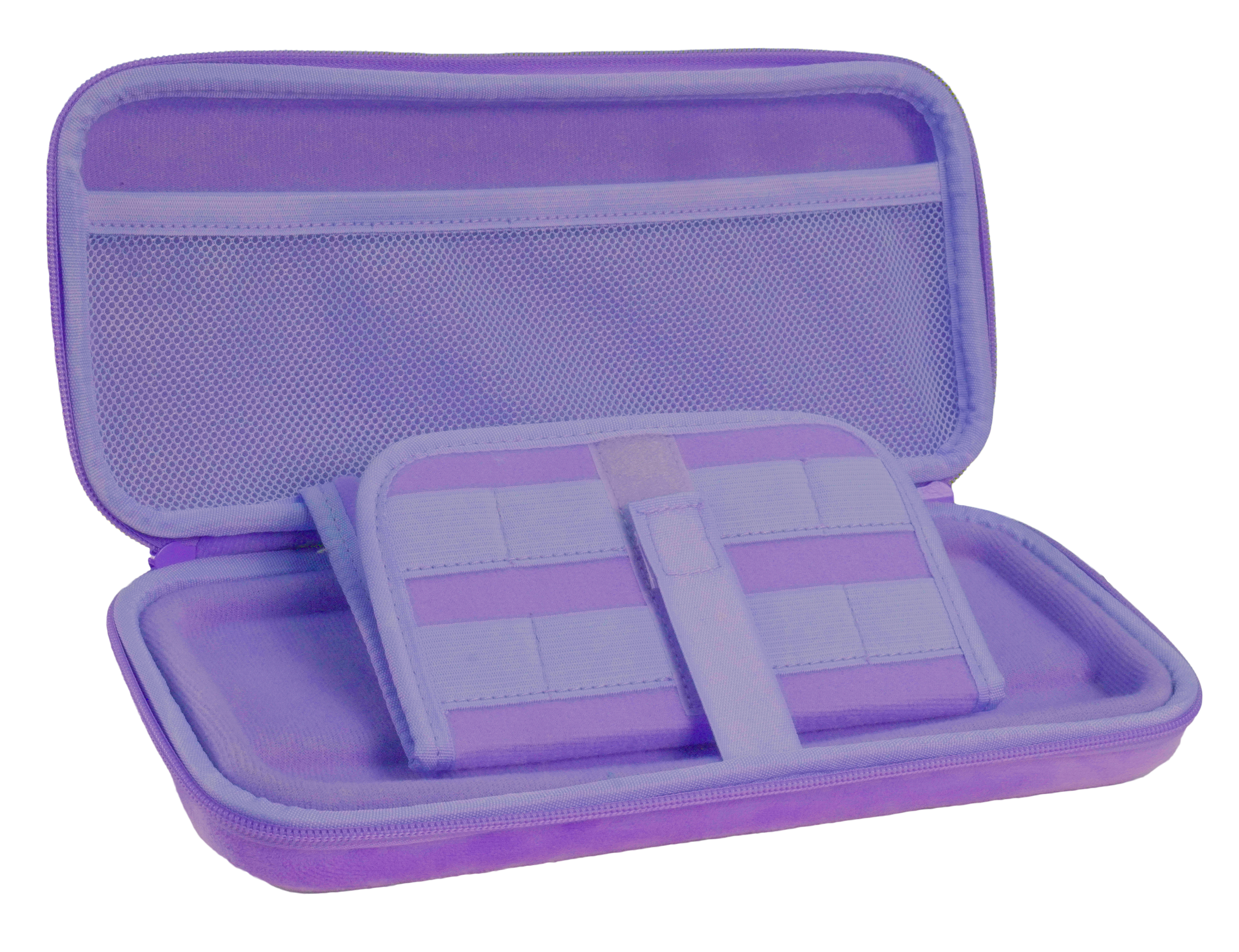 Eine geöffnete violette Schutzhülle mit Netzfach und Haltebändern.