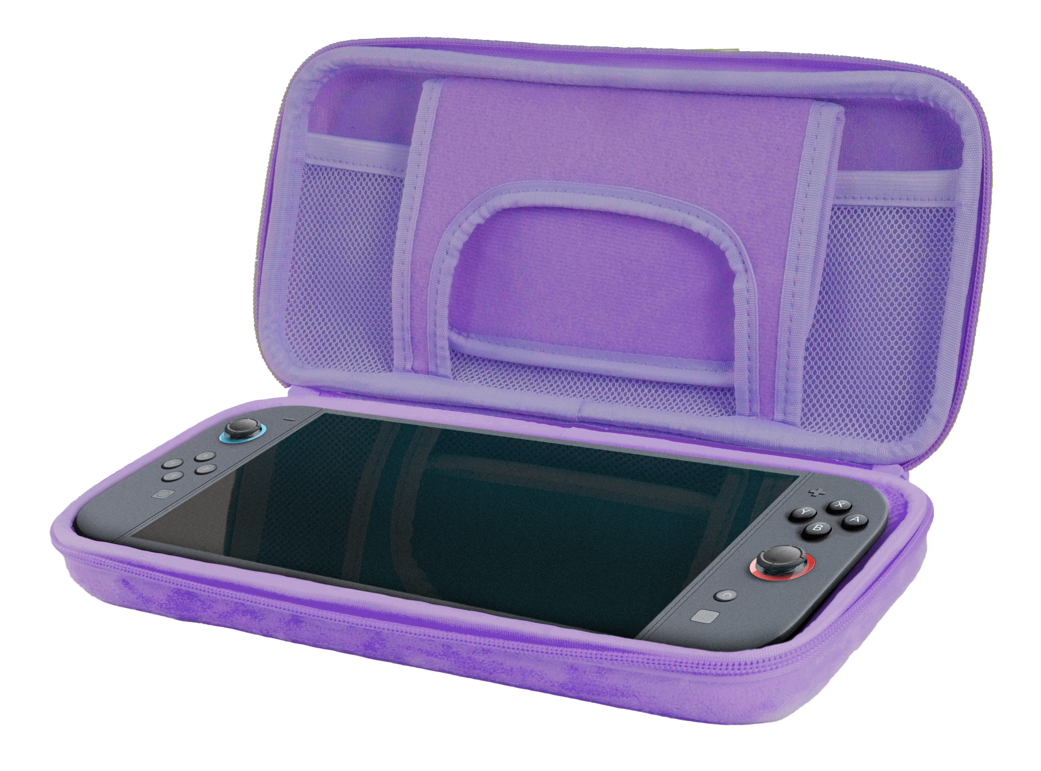 Ein lila Koffer mit einem dunklen Handheld-Gerät darin.