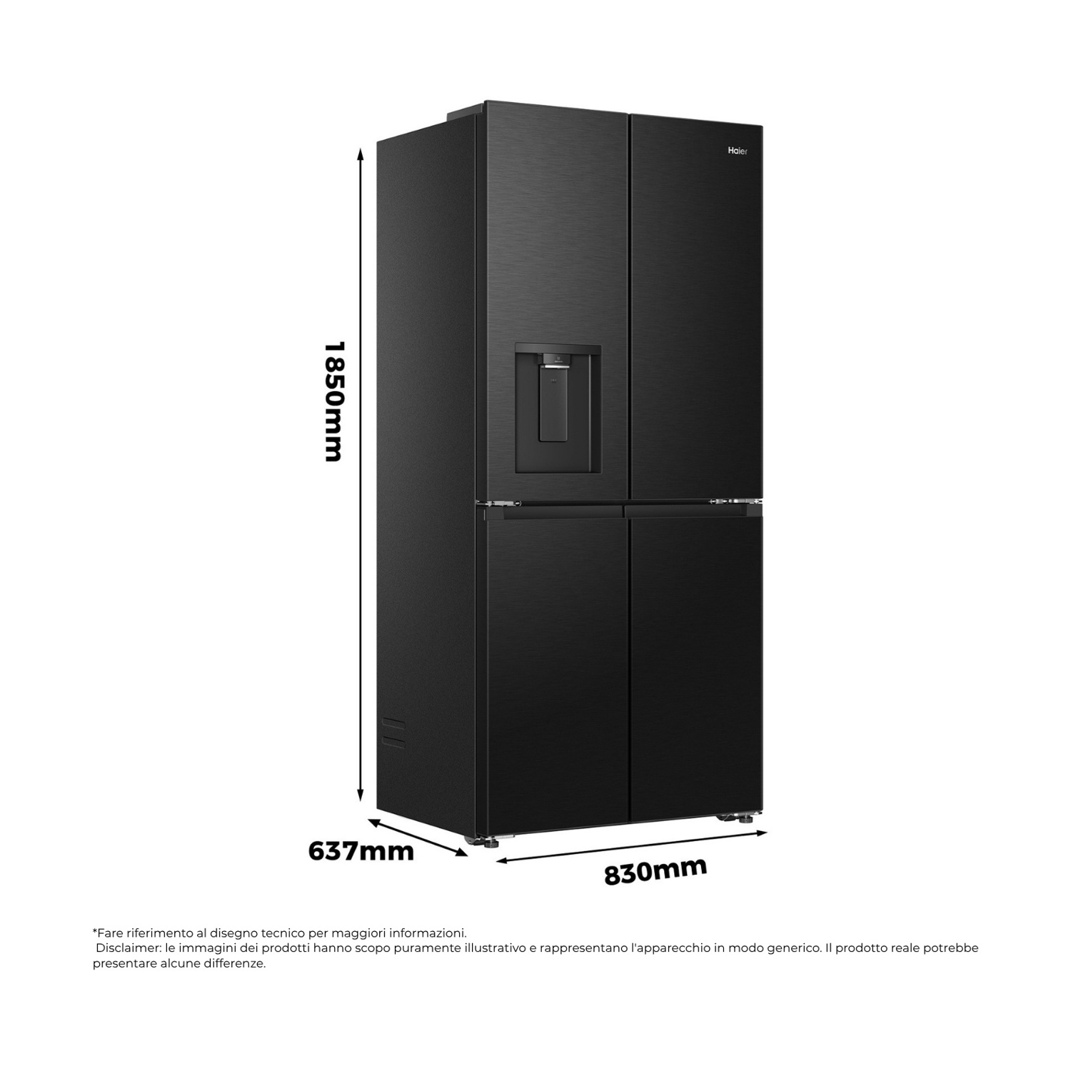 Frigorifero nero con dispenser d'acqua, H 1850mm, P 637mm, L 830mm.