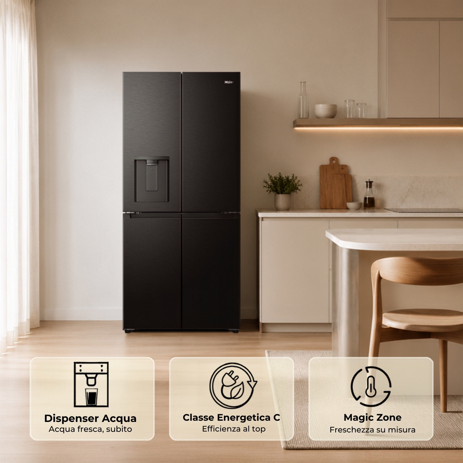 Frigorifero nero con dispenser d'acqua in cucina moderna.