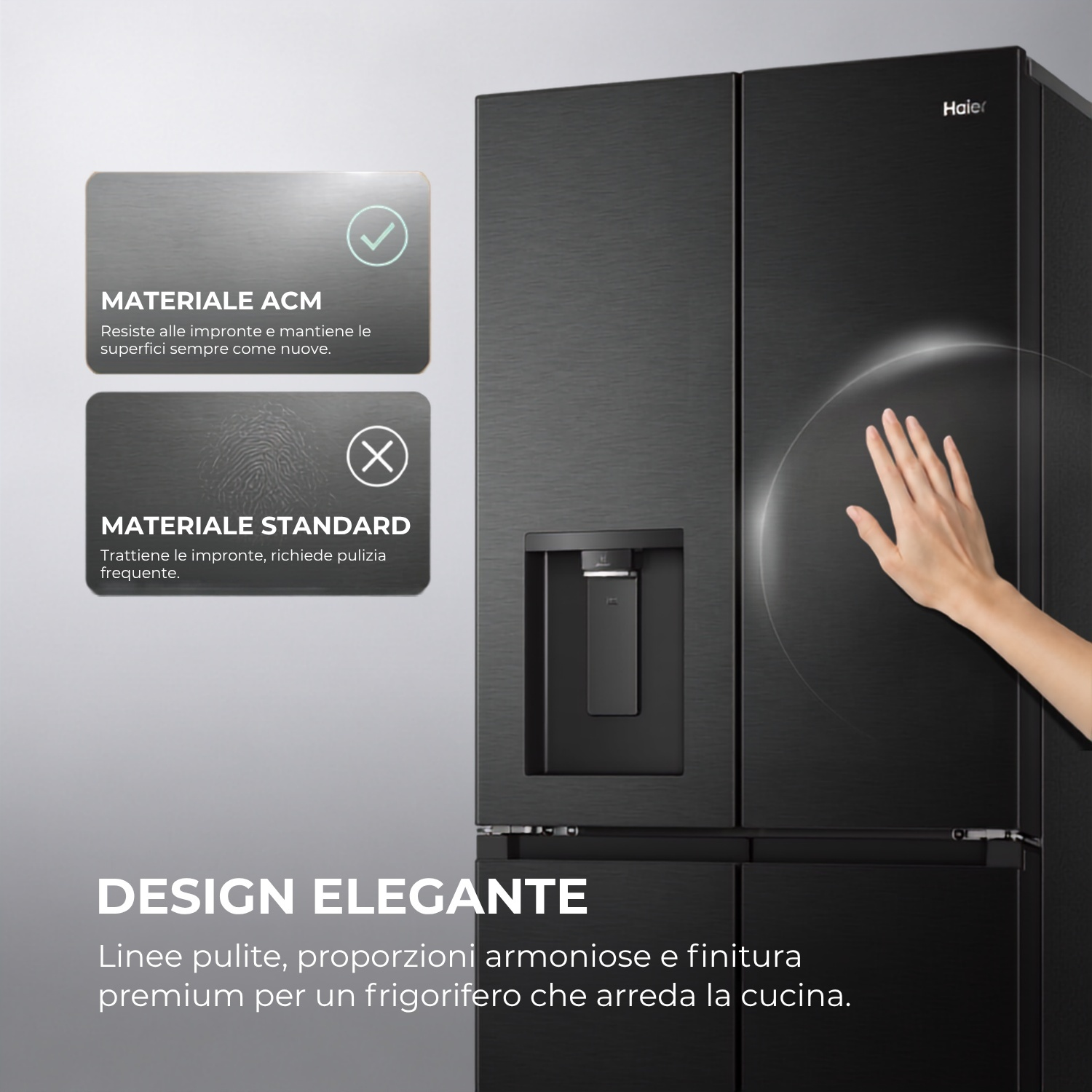 Frigorifero nero con dispenser acqua/ghiaccio, mano tocca superficie.