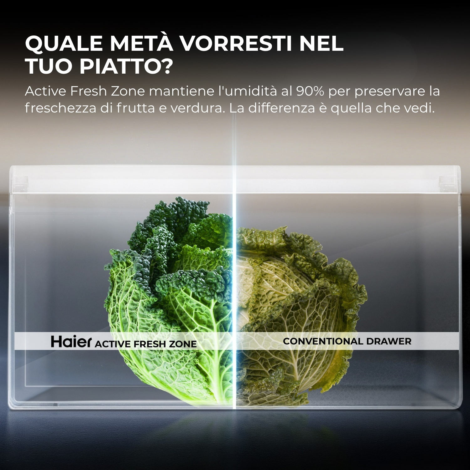 Un cavolo diviso a metà: un lato fresco e verde, l'altro appassito.