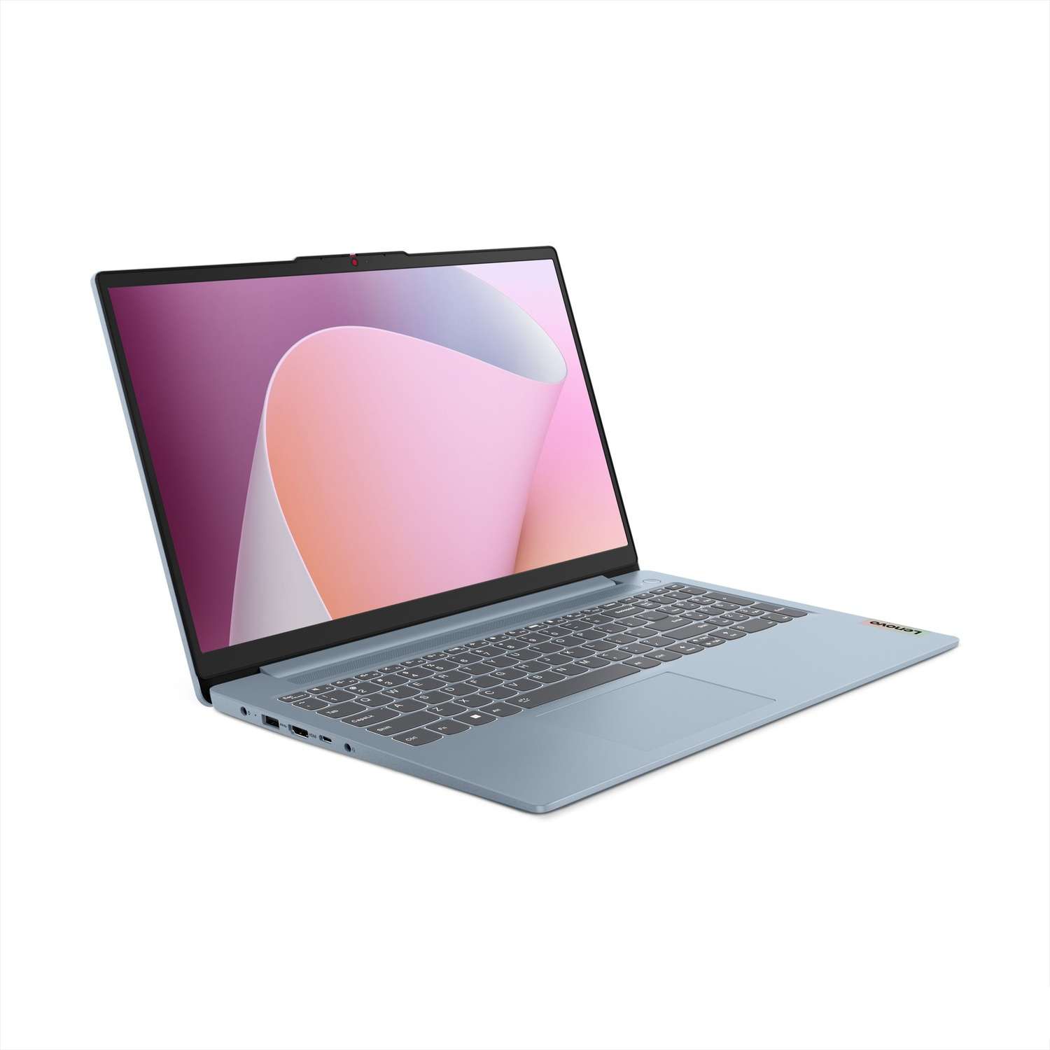 Un laptop Lenovo azzurro con tastiera e schermo.