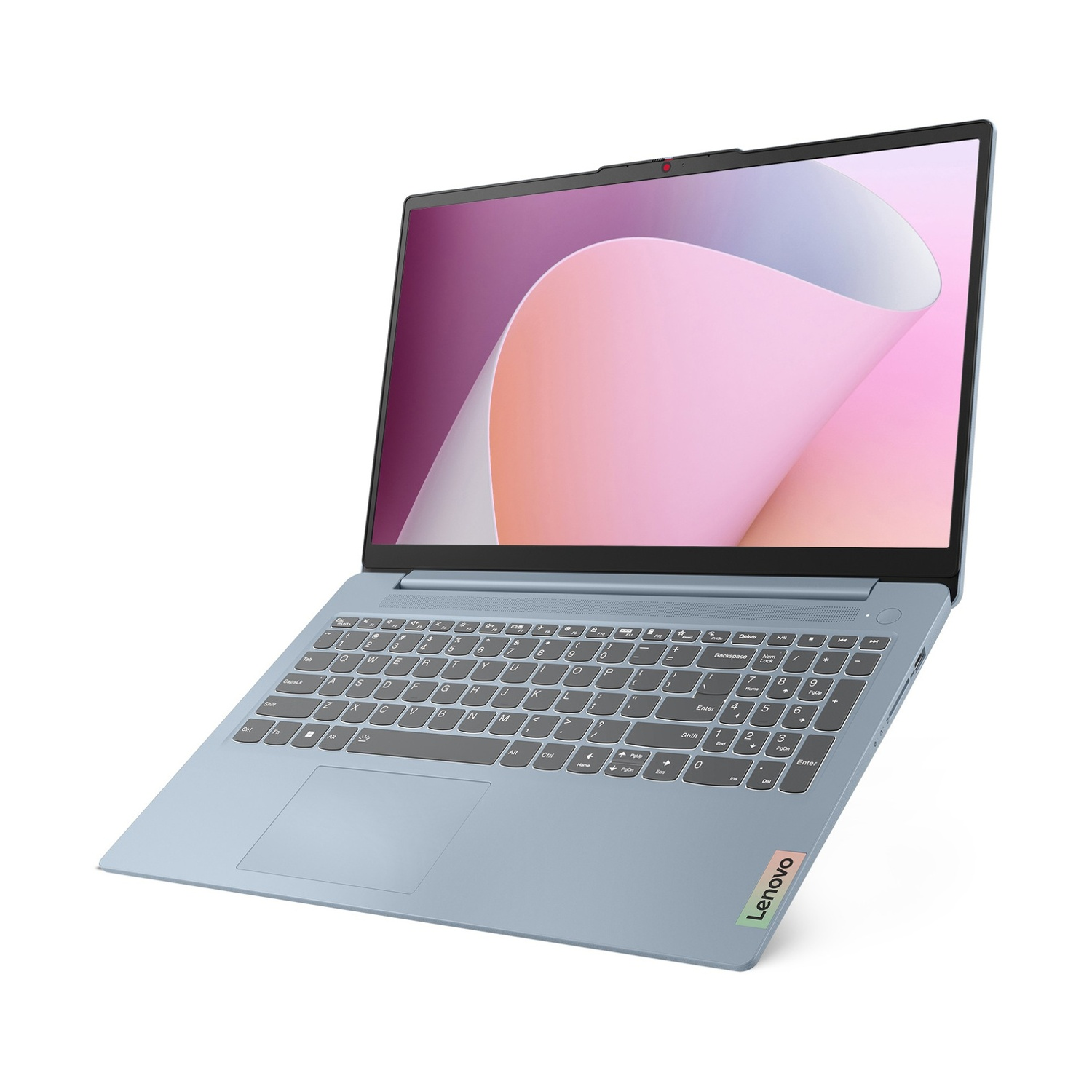 Un laptop Lenovo azzurro con schermo aperto, su sfondo bianco.