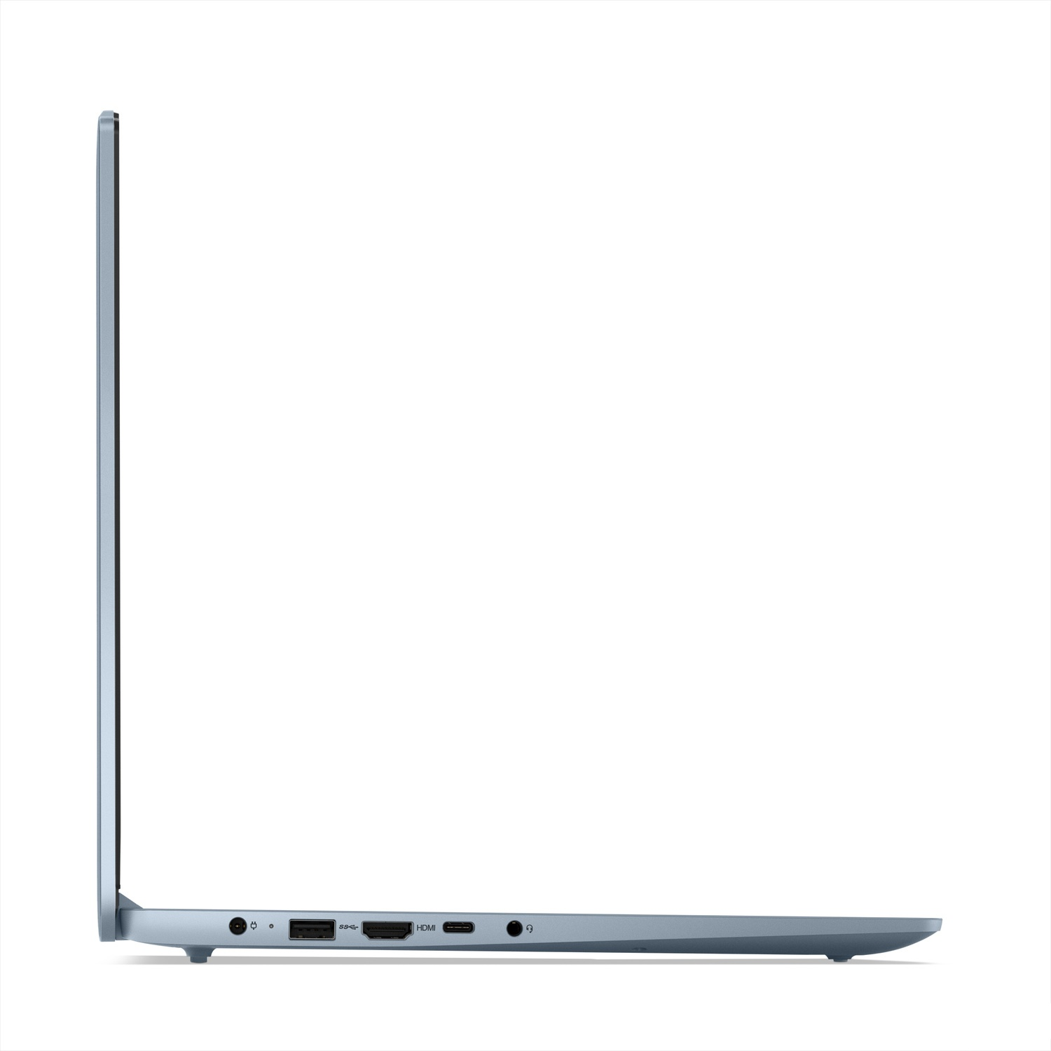 Vista laterale di un laptop azzurro che mostra porte come USB, HDMI e jack per cuffie.