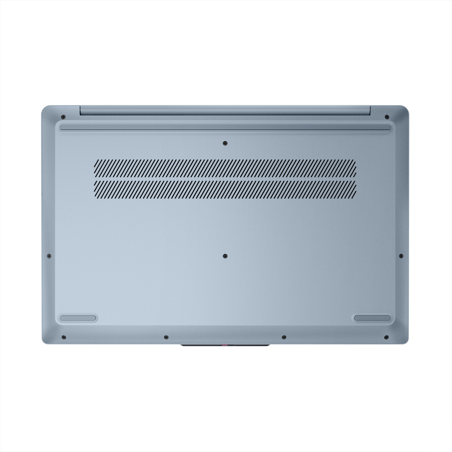 Parte inferiore di un laptop azzurro con prese d'aria e viti.