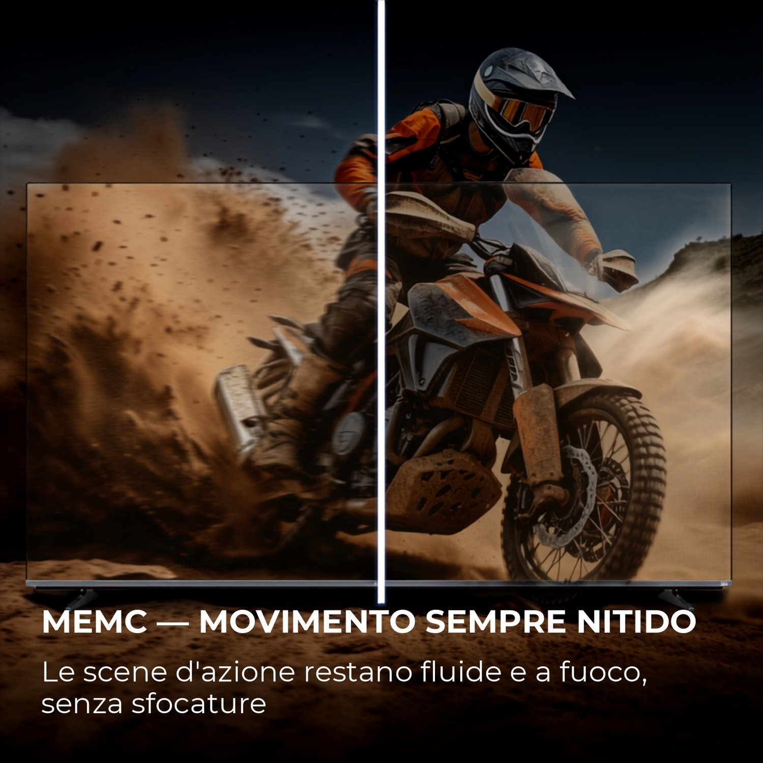 Un motociclista sfreccia nella polvere. Il lato destro è più nitido del sinistro.