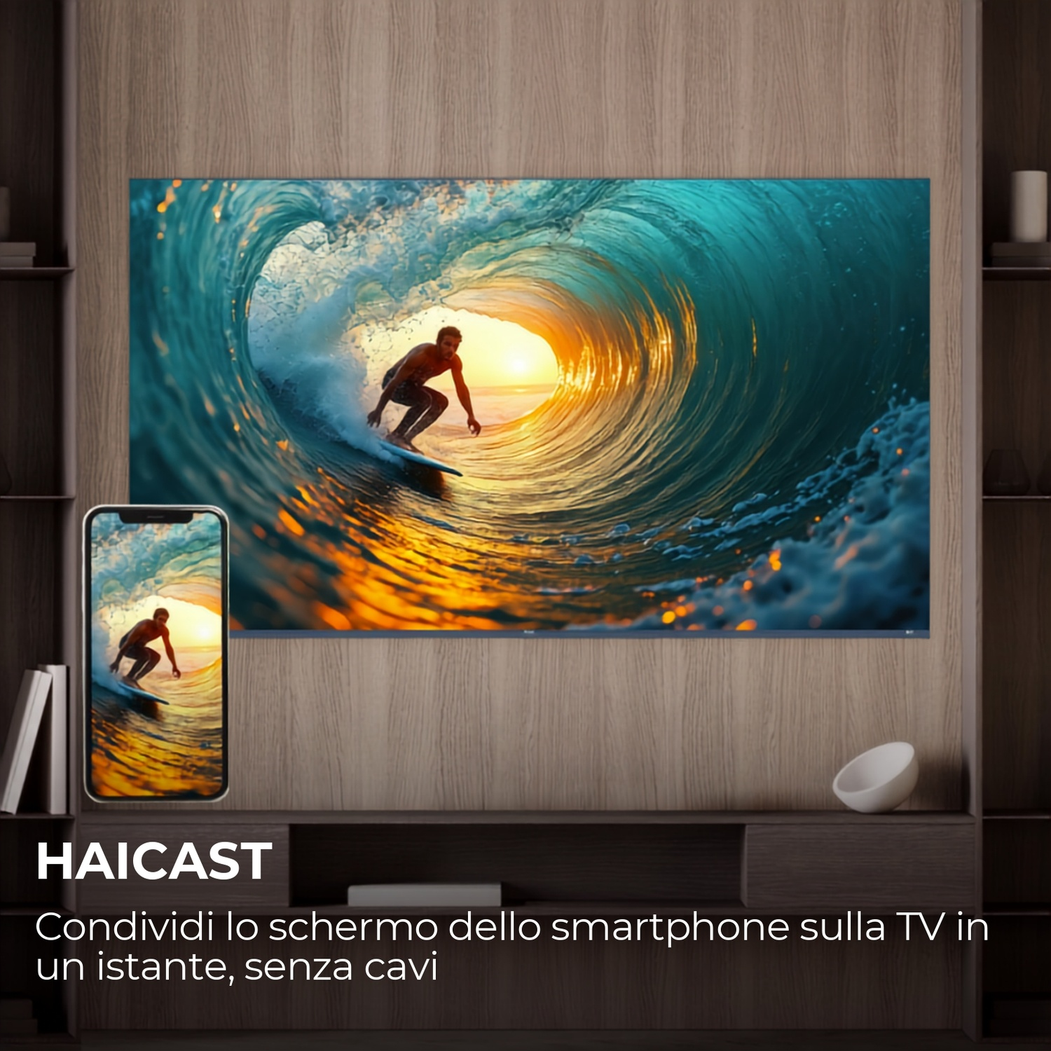 Un surfista cavalca un'onda al tramonto, riflesso su telefono e TV.