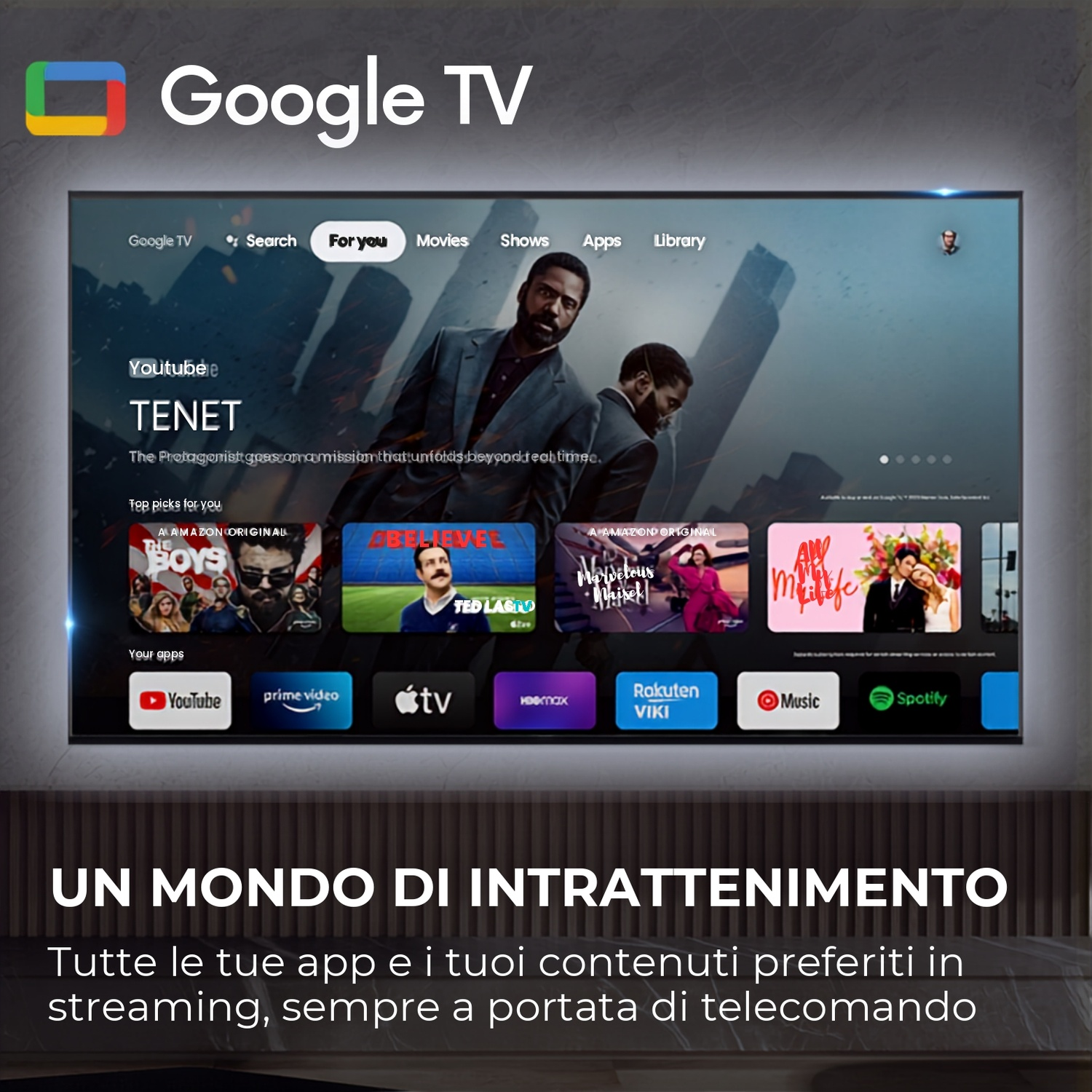 Schermata principale di Google TV con film, serie e app come YouTube e Prime Video.