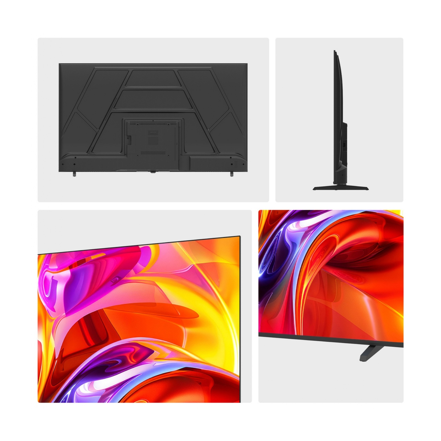 Vista posteriore e laterale di un TV sottile, con vivaci display.