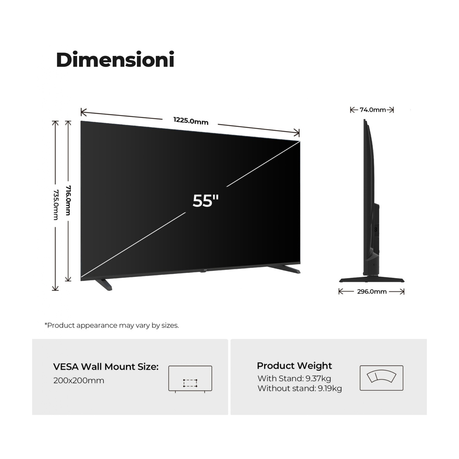 Dimensioni di una TV da 55 pollici, incluse misure e peso.