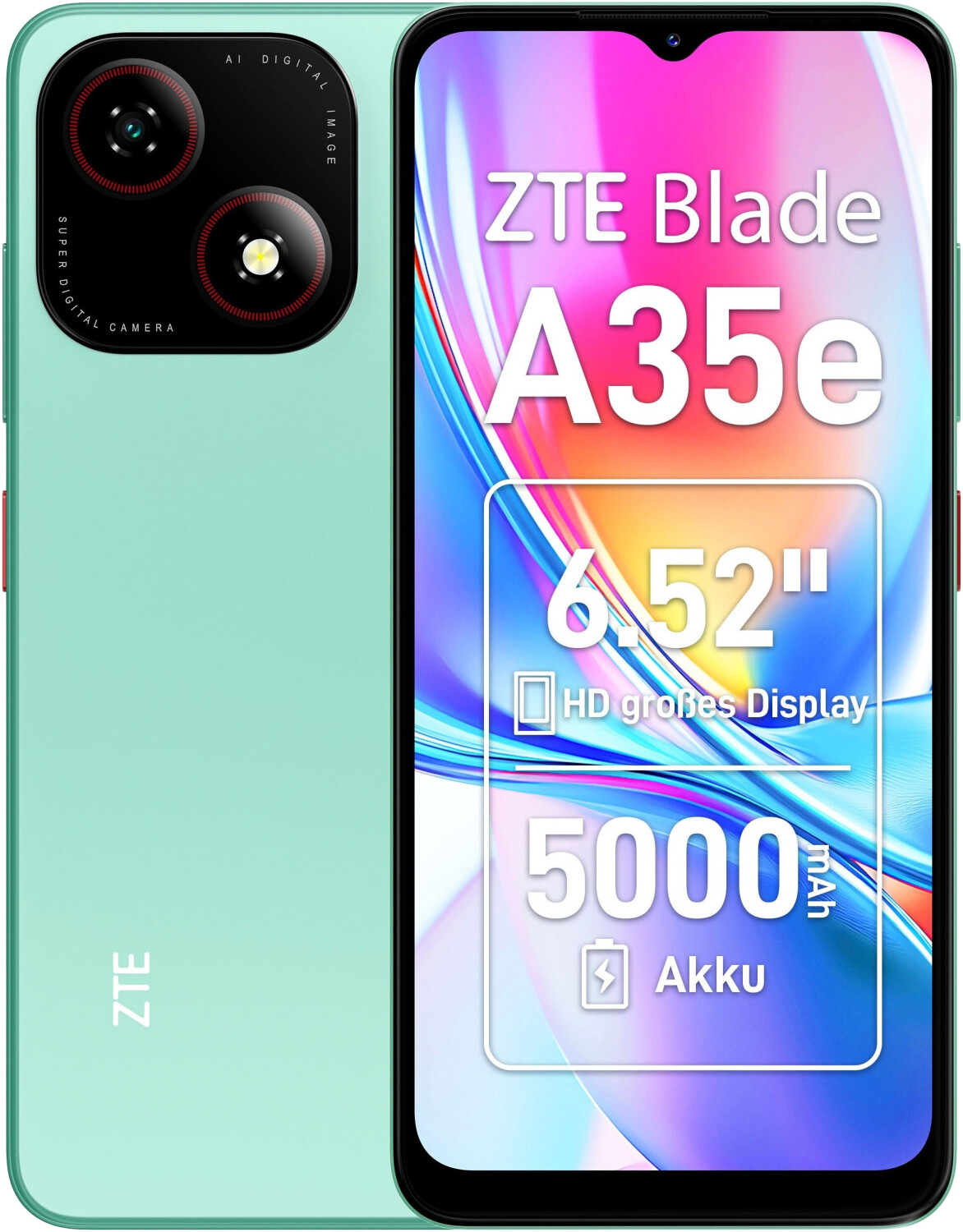 Egy mentazöld ZTE Blade A35e okostelefon dupla kamerával és nagy kijelzővel.