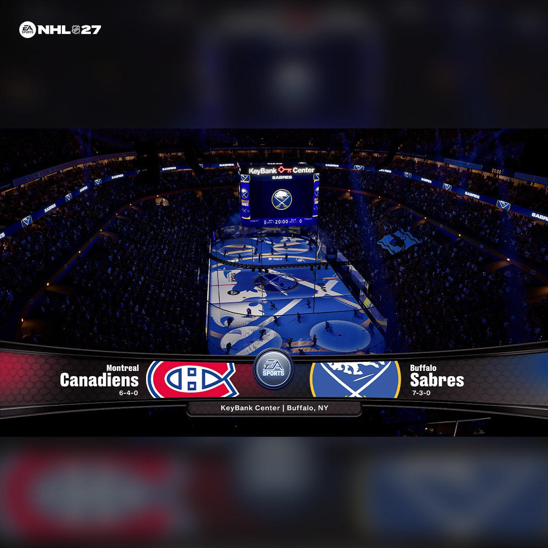 NHL 27 Spielbildschirm: Montreal Canadiens gegen Buffalo Sabres im KeyBank Center.