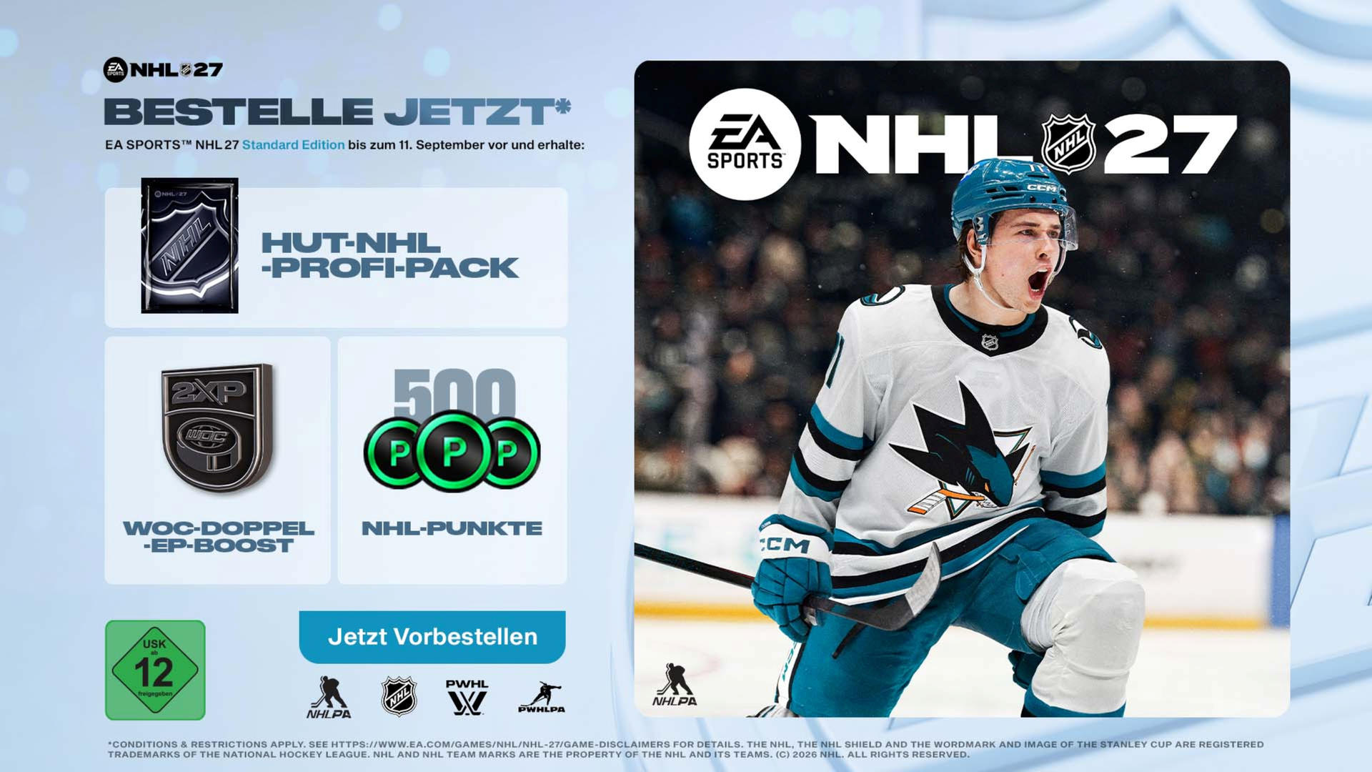 EA Sports NHL 27 Cover mit Spieler im Trikot und Bonus-Inhalten.