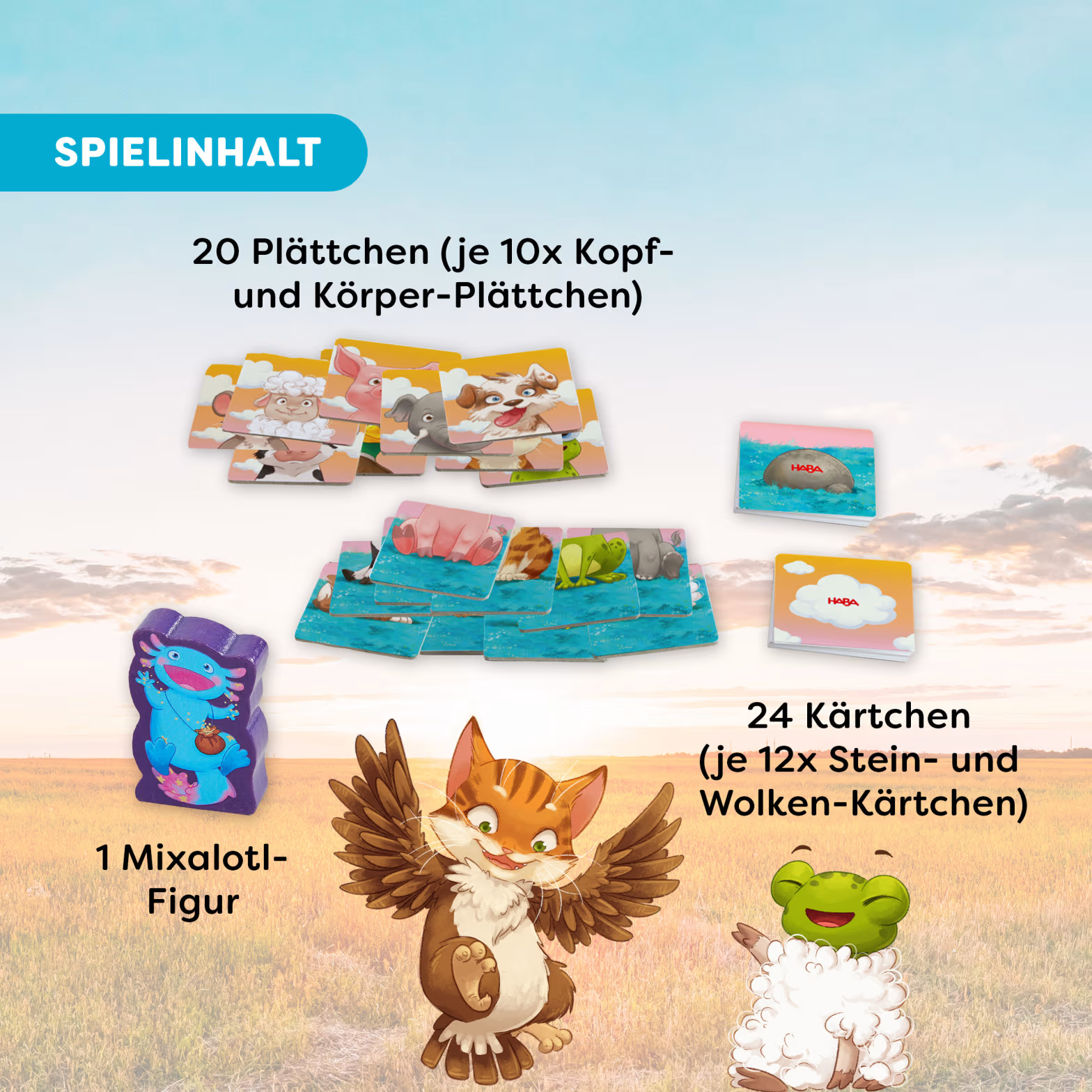 Játéktartalom: 20 lapka, 1 axolotl figura, 24 kártya.