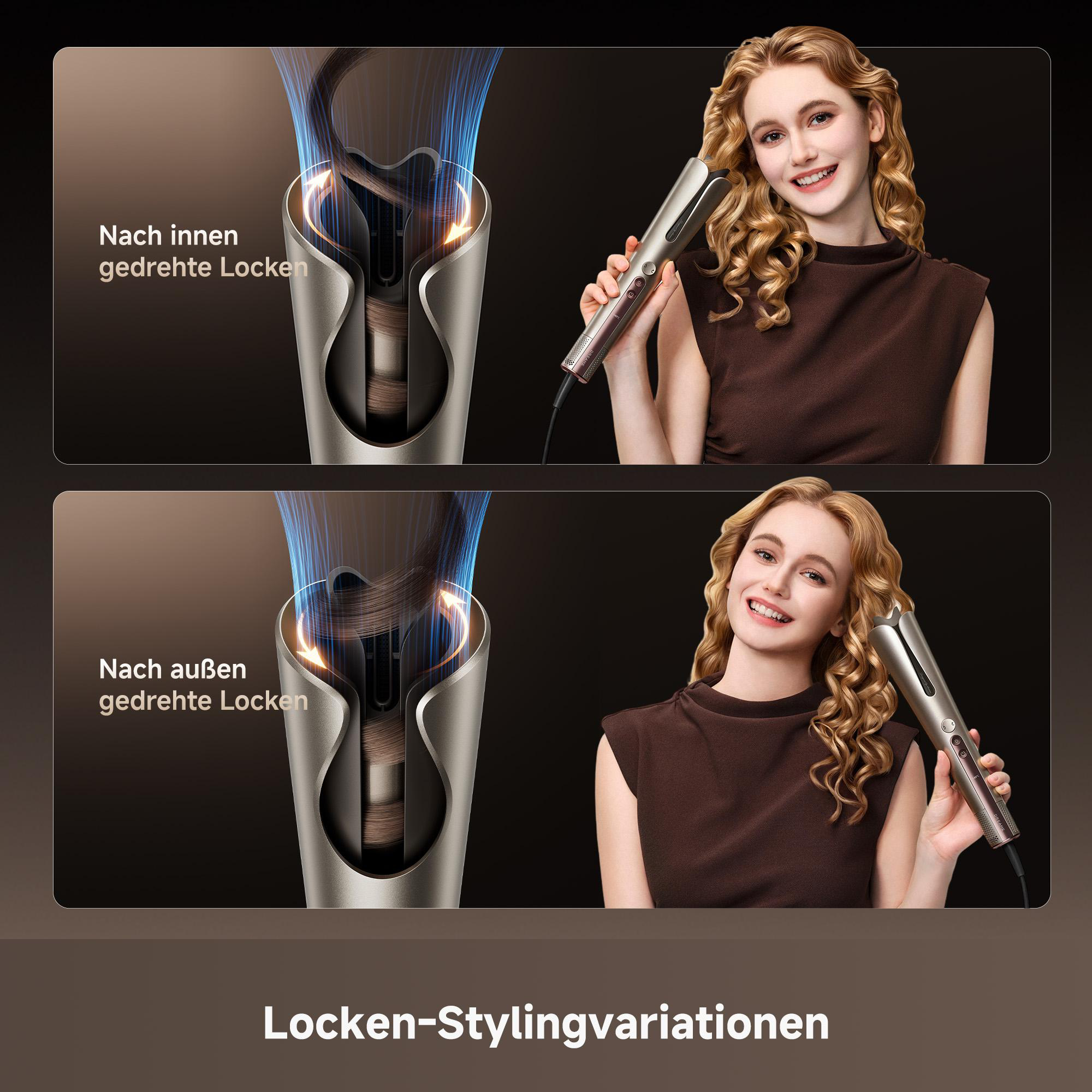 Frau mit lockigem Haar, die einen automatischen Lockenstab hält. Innere und äußere Locken.