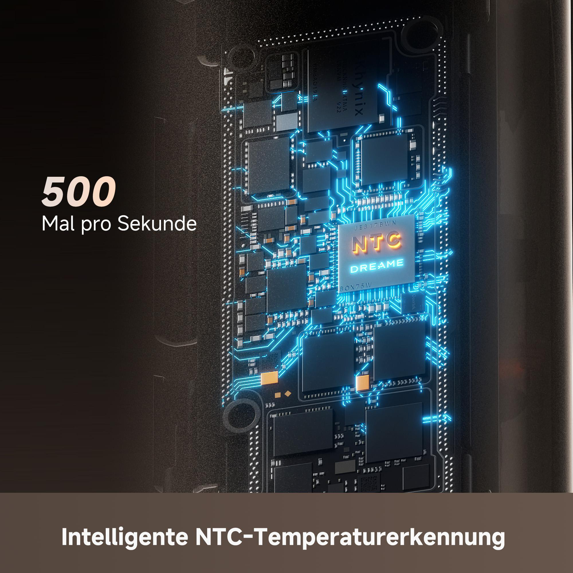 Nahaufnahme einer Leiterplatte mit leuchtenden blauen Schaltkreisen und Text.